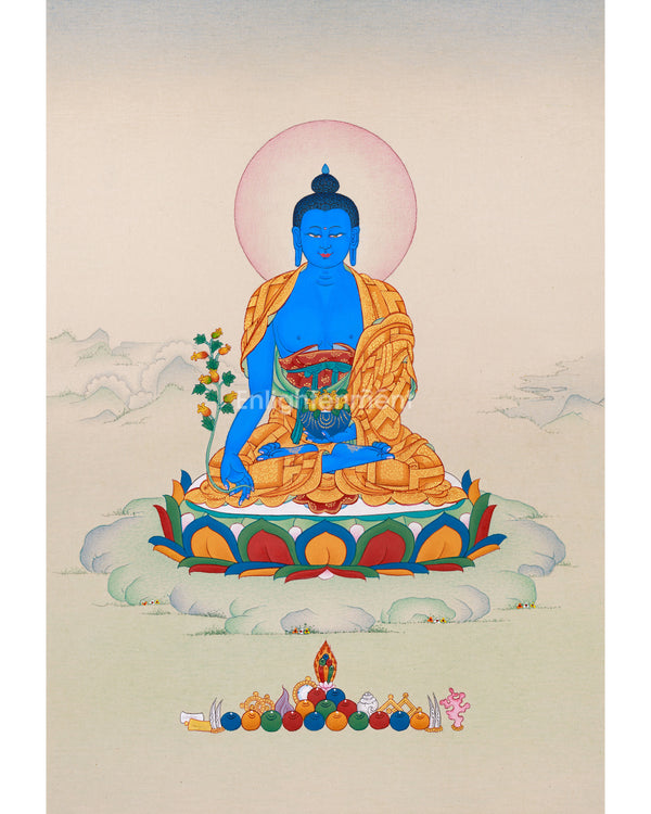 Small Blue Medicine Buddha Thangka | Hand-Painted Tibetan Healing Art