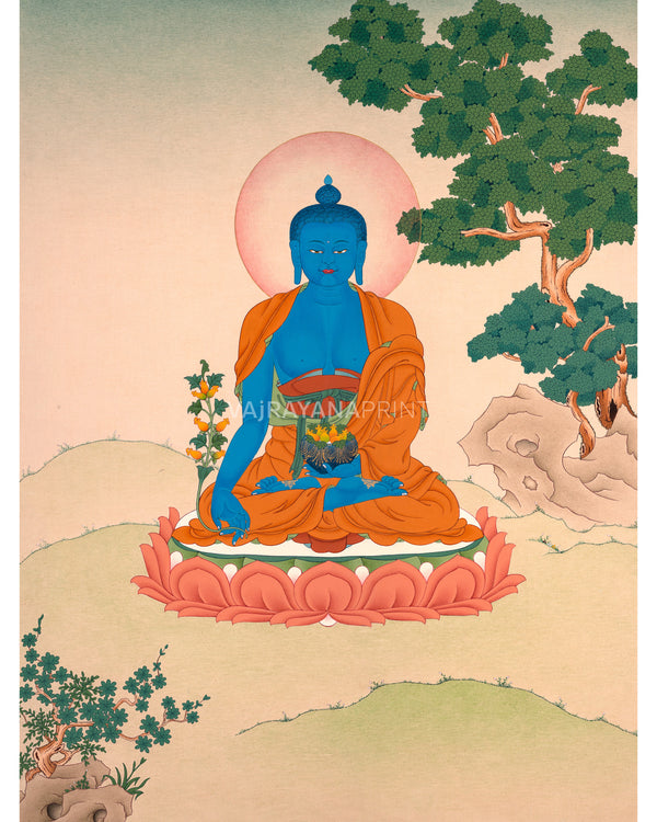 Buddhist Art: Lapis Lazuli Medicine Buddha Thangka Print for Meditation