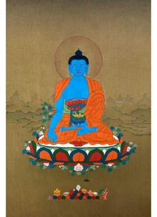 Medicine Buddha Thangka, Hand Painted Tibetan 24K Gold Thangka Painting