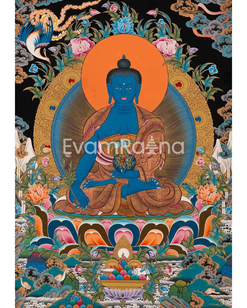 Original Hand Painted 24 Carat Gold Black and  Gold Medicine Buddha Thangka Painting Done By Senior Nepali Artist For Healing Sickness