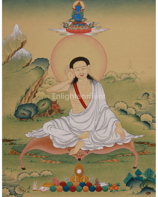 Tibetan Siddha Milarepa Thangka | Buddhist Art of the Enlightened Yogi