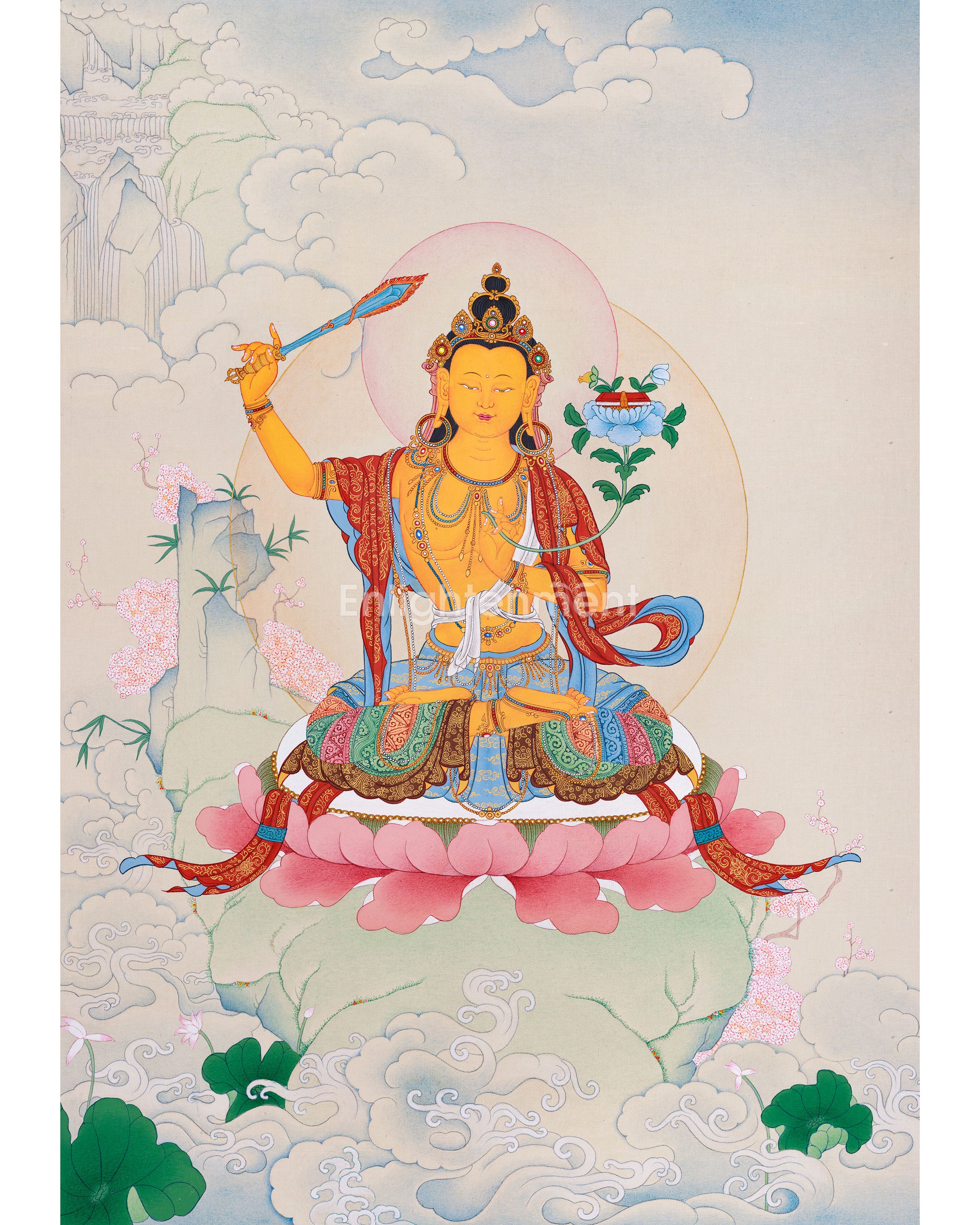 Symbol of Wisdom: Manjushri Thangka | Hand-Painted Tibetan Artwork