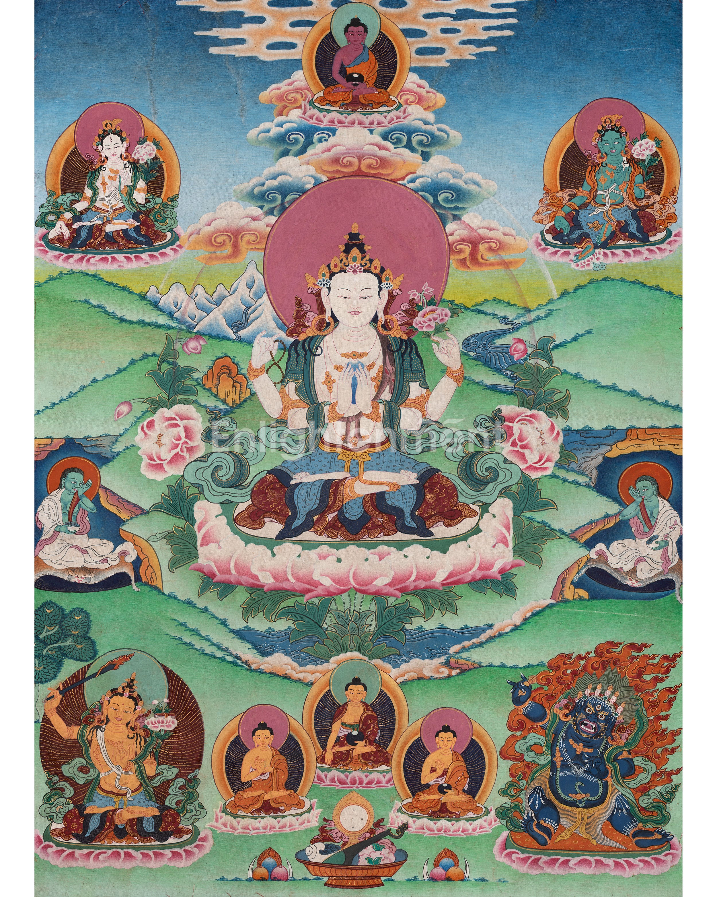 Original Vintage Chenrezig Thanka with Brocade 