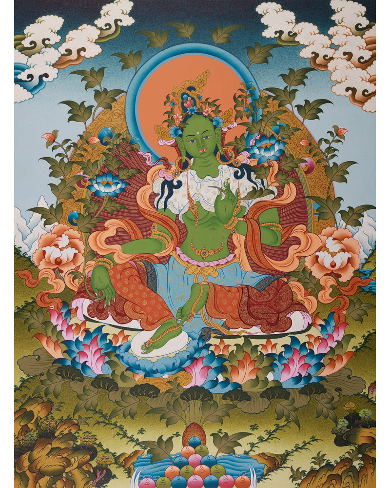 Religious Green Tara Thangka Painting