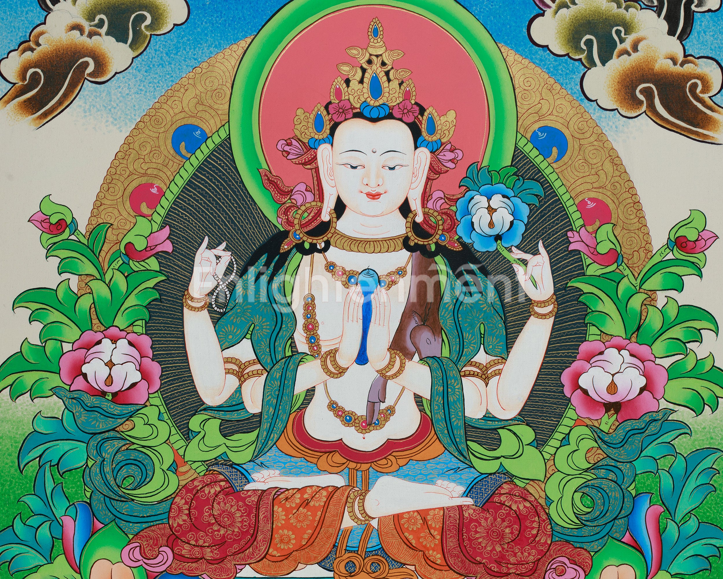 Four Armed Chengrezig Thangka | Original Hand-Painted Bodhisattva Artwork