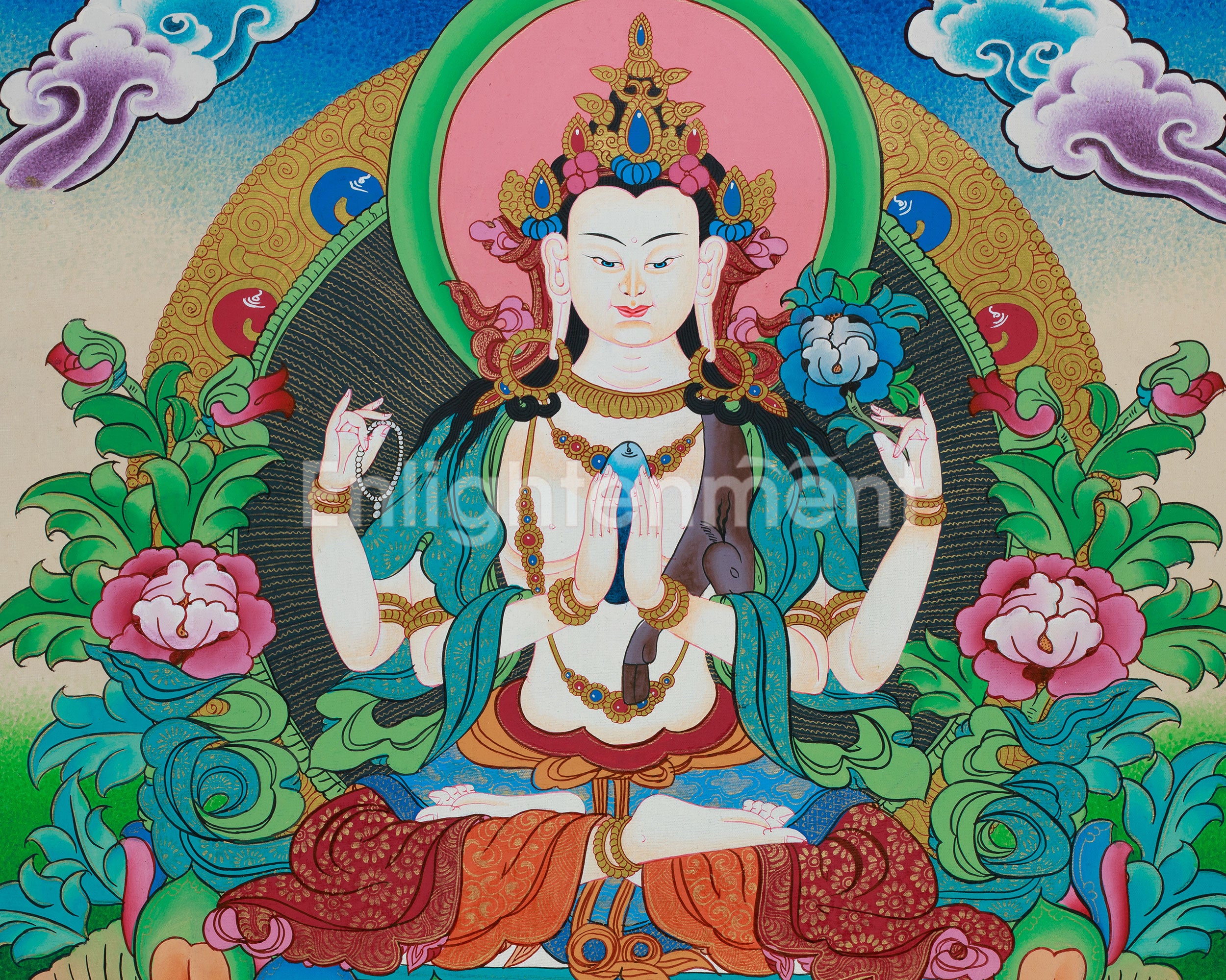 Four Armed Chengrezig Thangka | Original Hand-Painted Bodhisattva Artwork