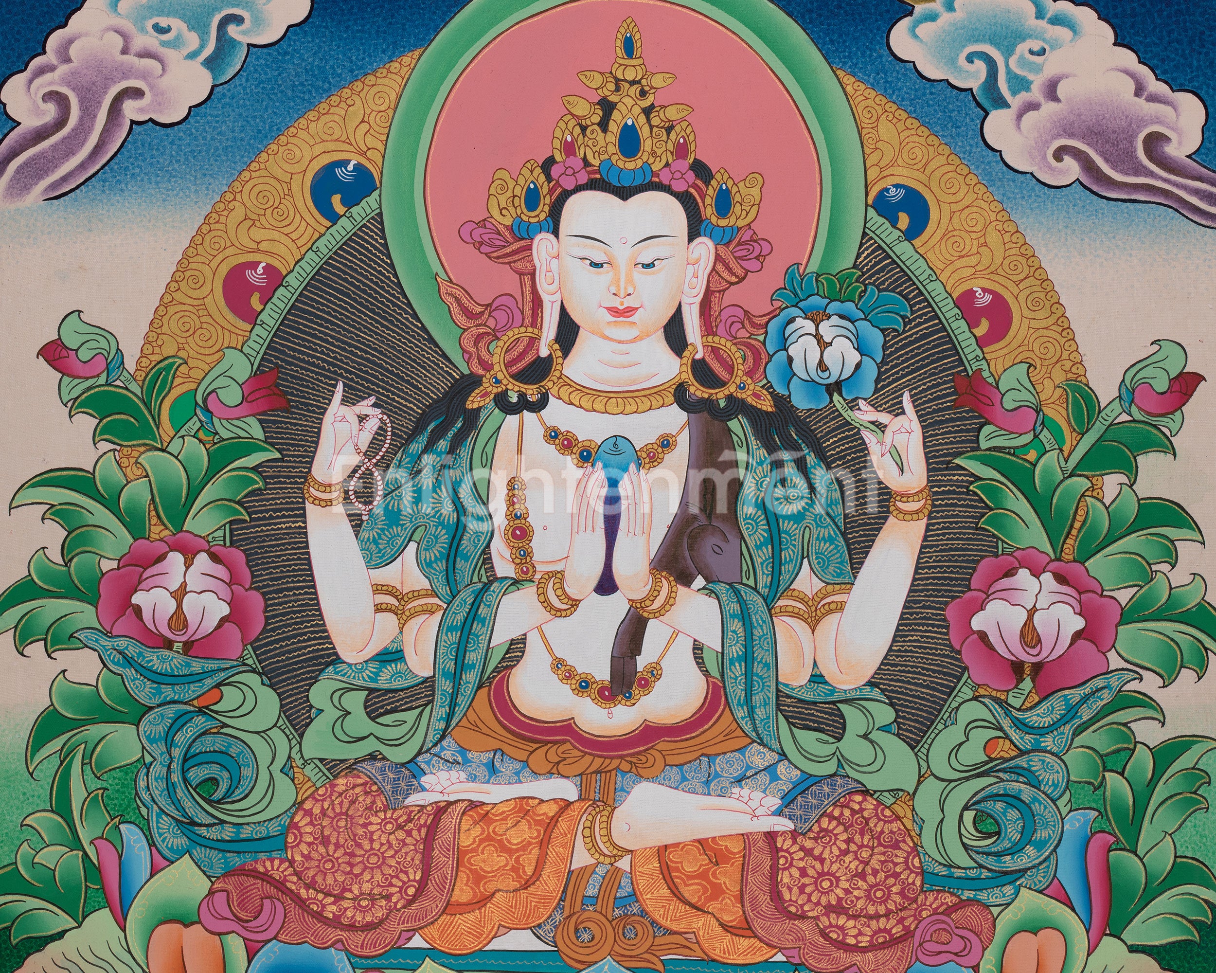 Four Armed Chengrezig Thangka | Original Hand-Painted Bodhisattva Artwork
