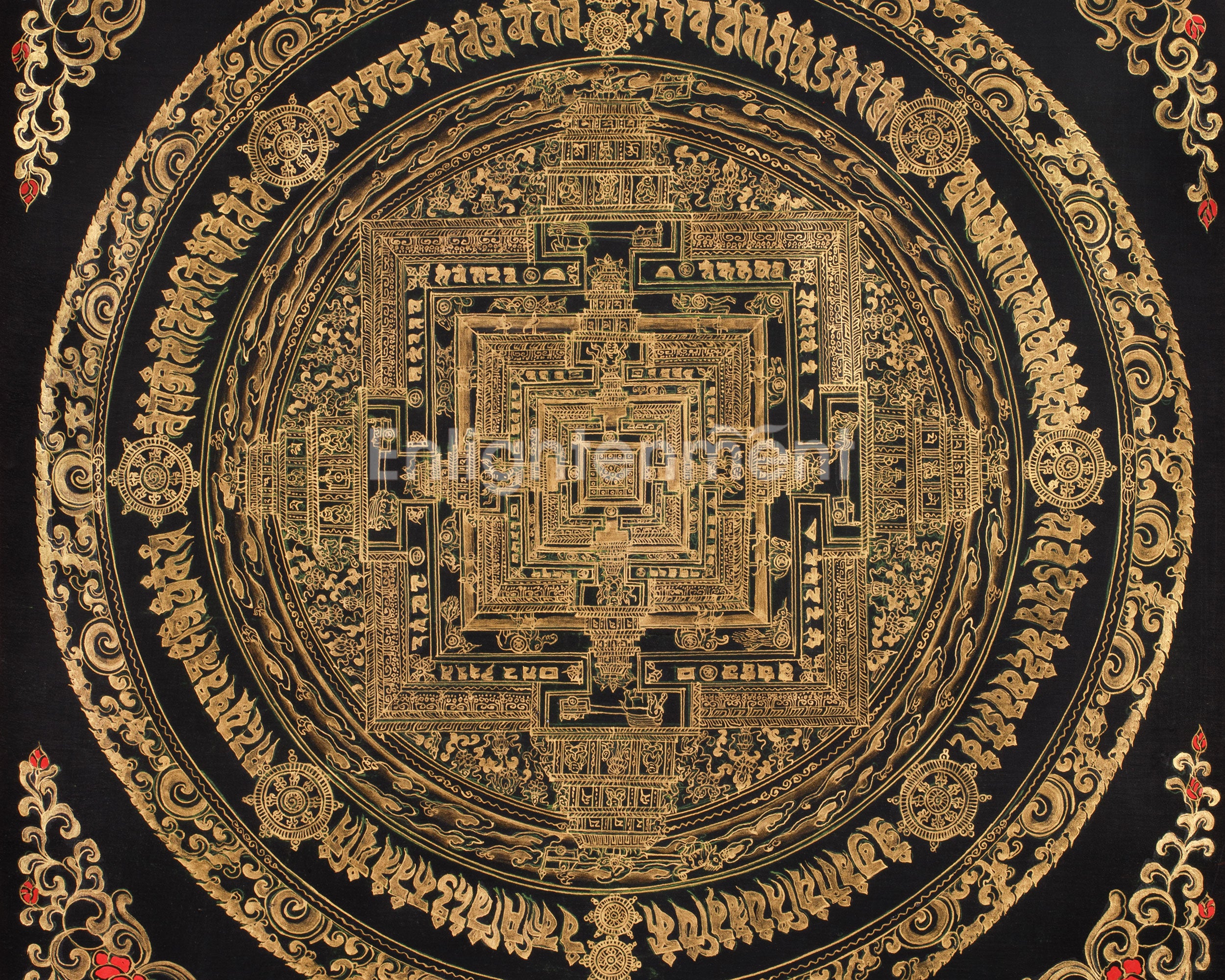 Hand-Painted Gold and Black Kalachakra Mandala | Sacred Wheel of Time Painting