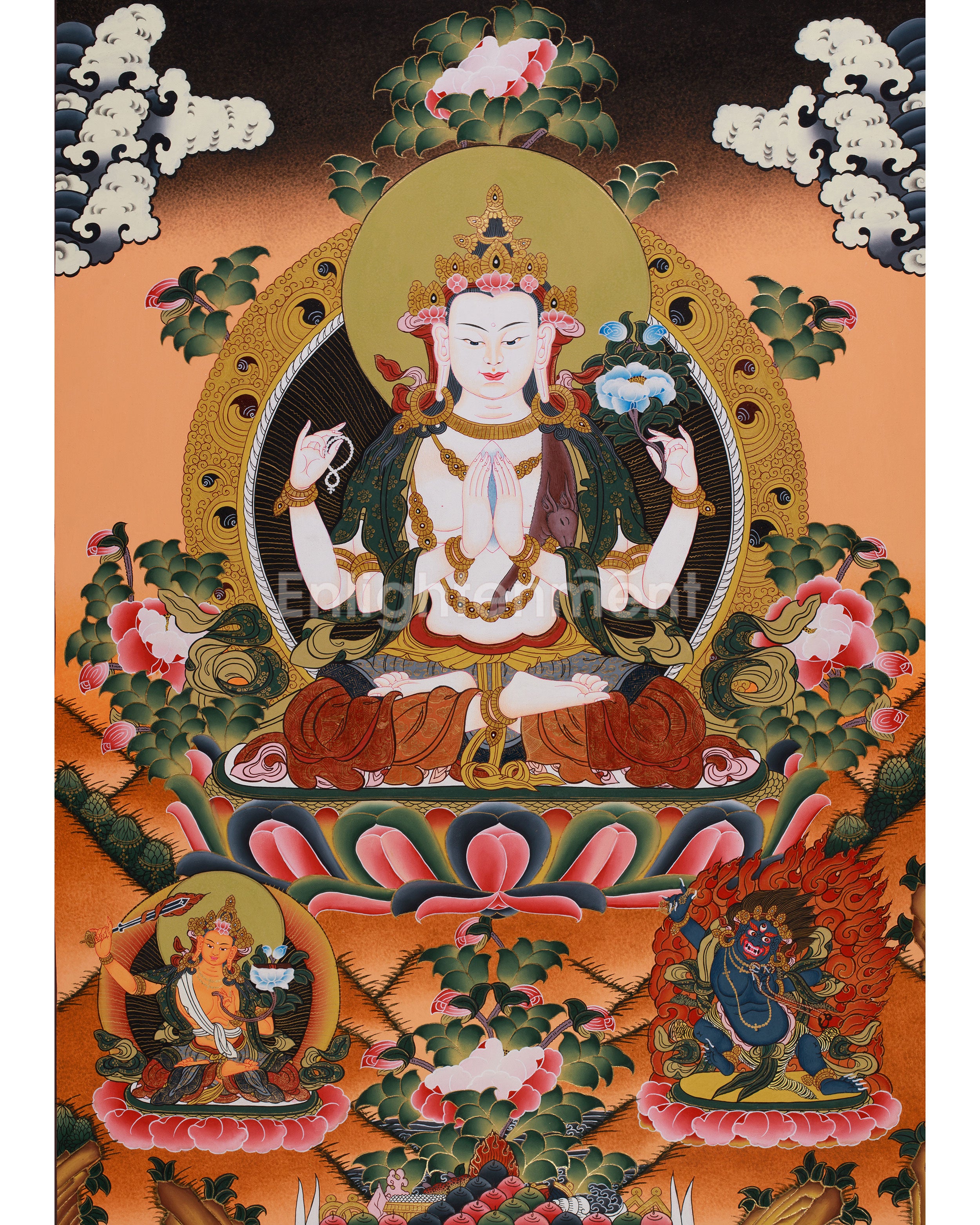 Four Armed Chenrezig with Manjushri and Vajrapani | Tibetan Bodhisattva Art