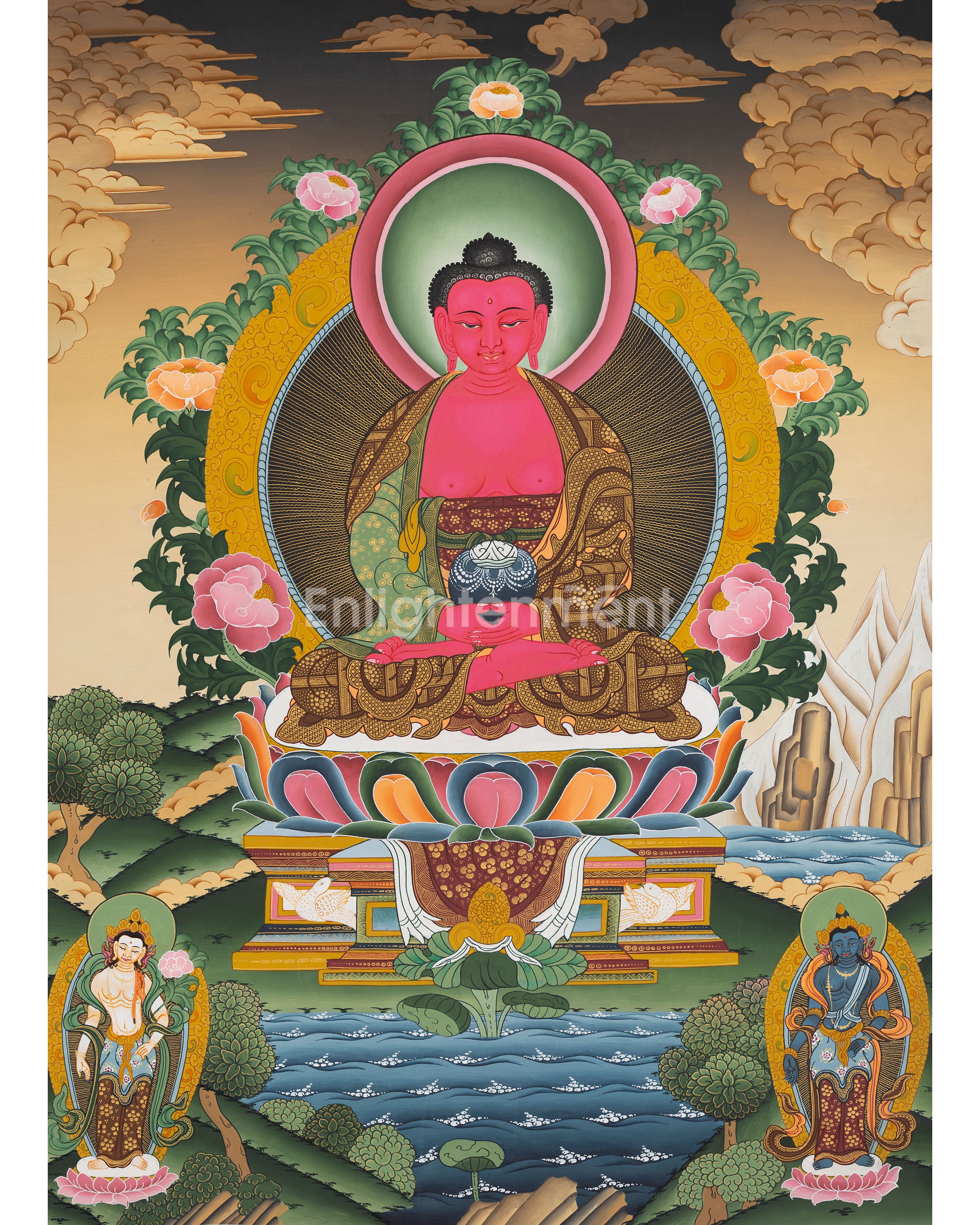 Amitabha Buddha And Green Tara Thangka | Pure Land Enlightenment & Compassionate Protection