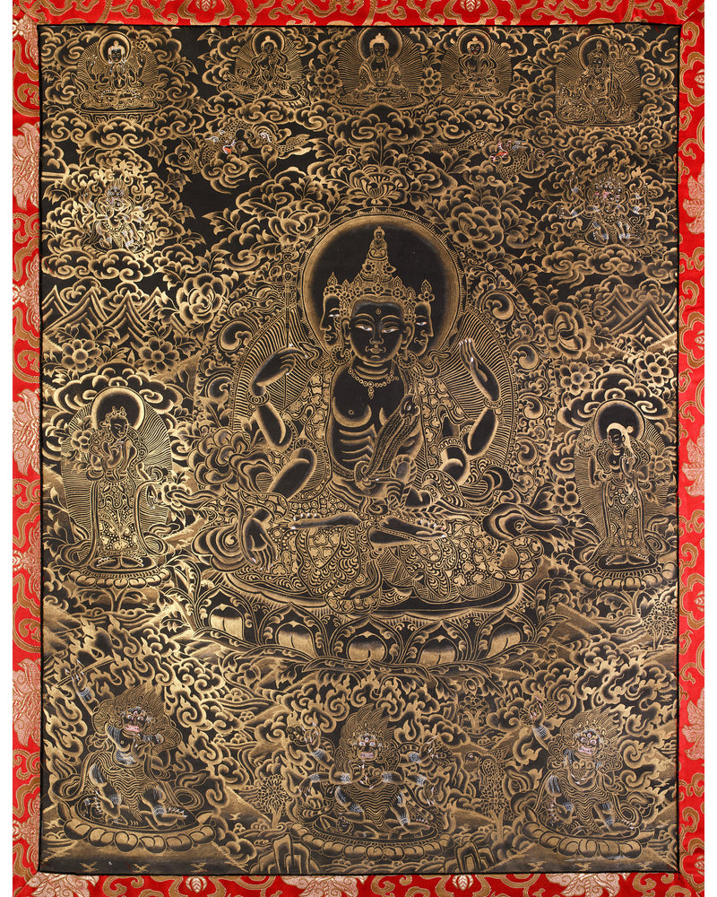 Unique Gold-Embellished lokeswara Thangka | Brocade Mounted