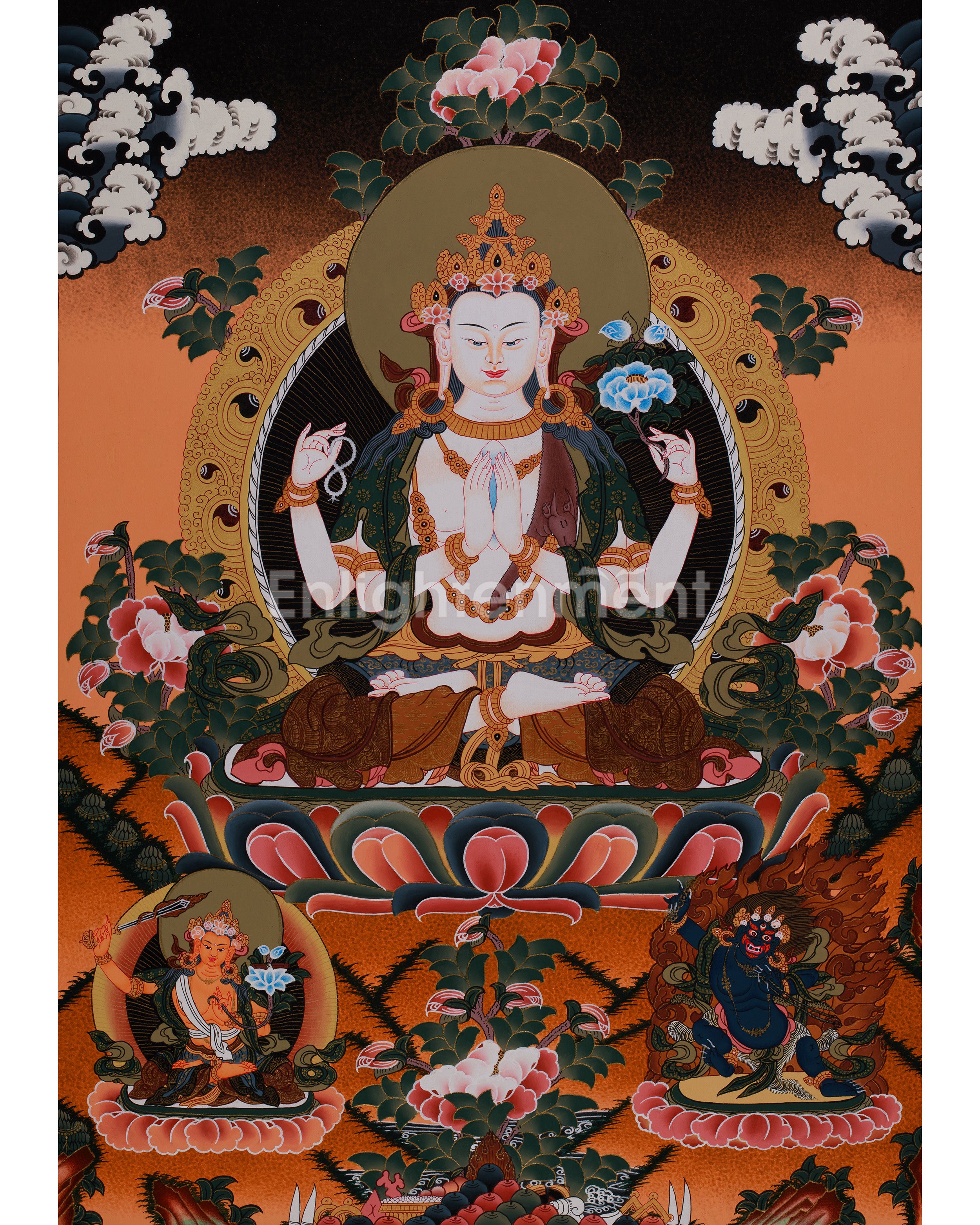 Four Armed Chenrezig with Manjushri and Vajrapani | Tibetan Bodhisattva Art