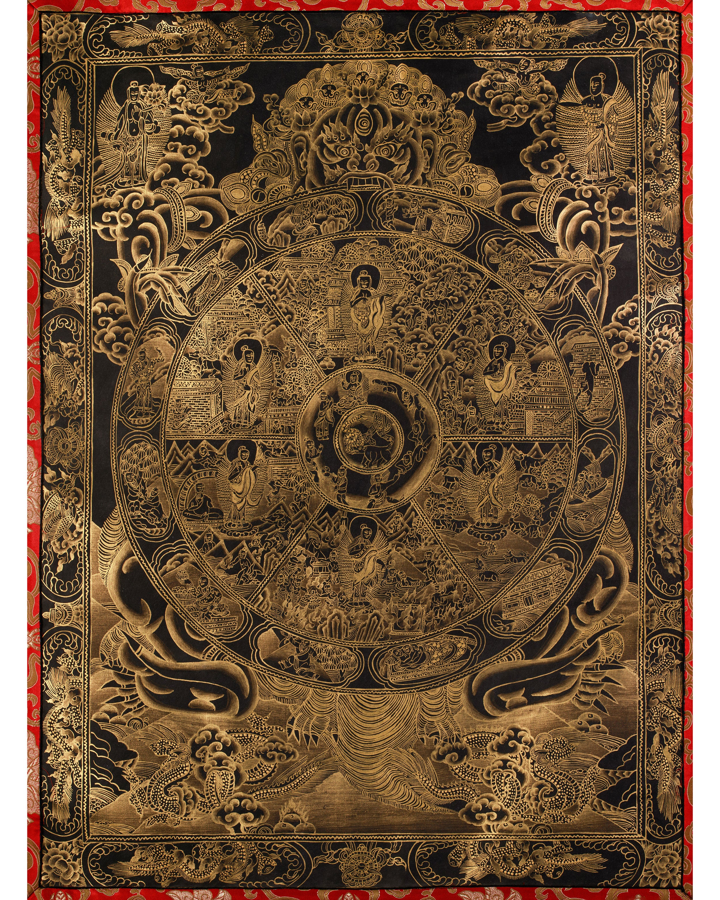 The Wheel of Life (Bhavacakra) Thangka | Fully Gold Embellished on Black Canvas, Brocade Mounted | Tibetan Masterpiece of Samsara
