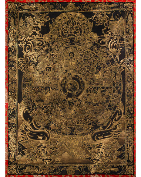 The Wheel of Life (Bhavacakra) Thangka | Fully Gold Embellished on Black Canvas, Brocade Mounted | Tibetan Masterpiece of Samsara