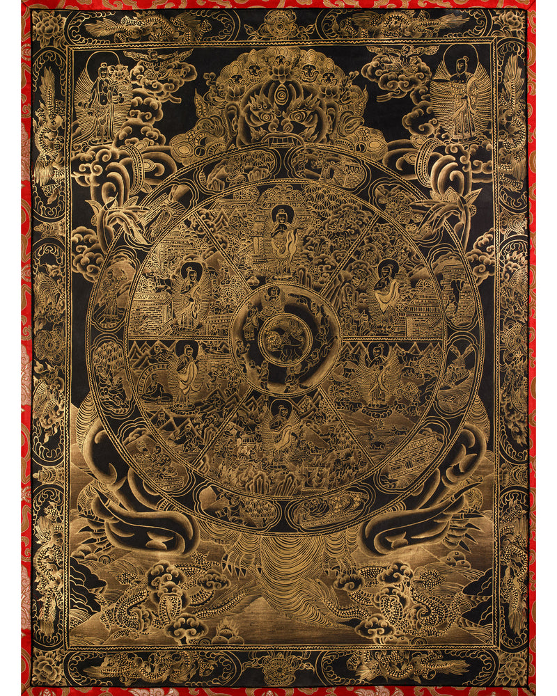 The Wheel of Life (Bhavacakra) Thangka | Fully Gold Embellished on Black Canvas, Brocade Mounted | Tibetan Masterpiece of Samsara