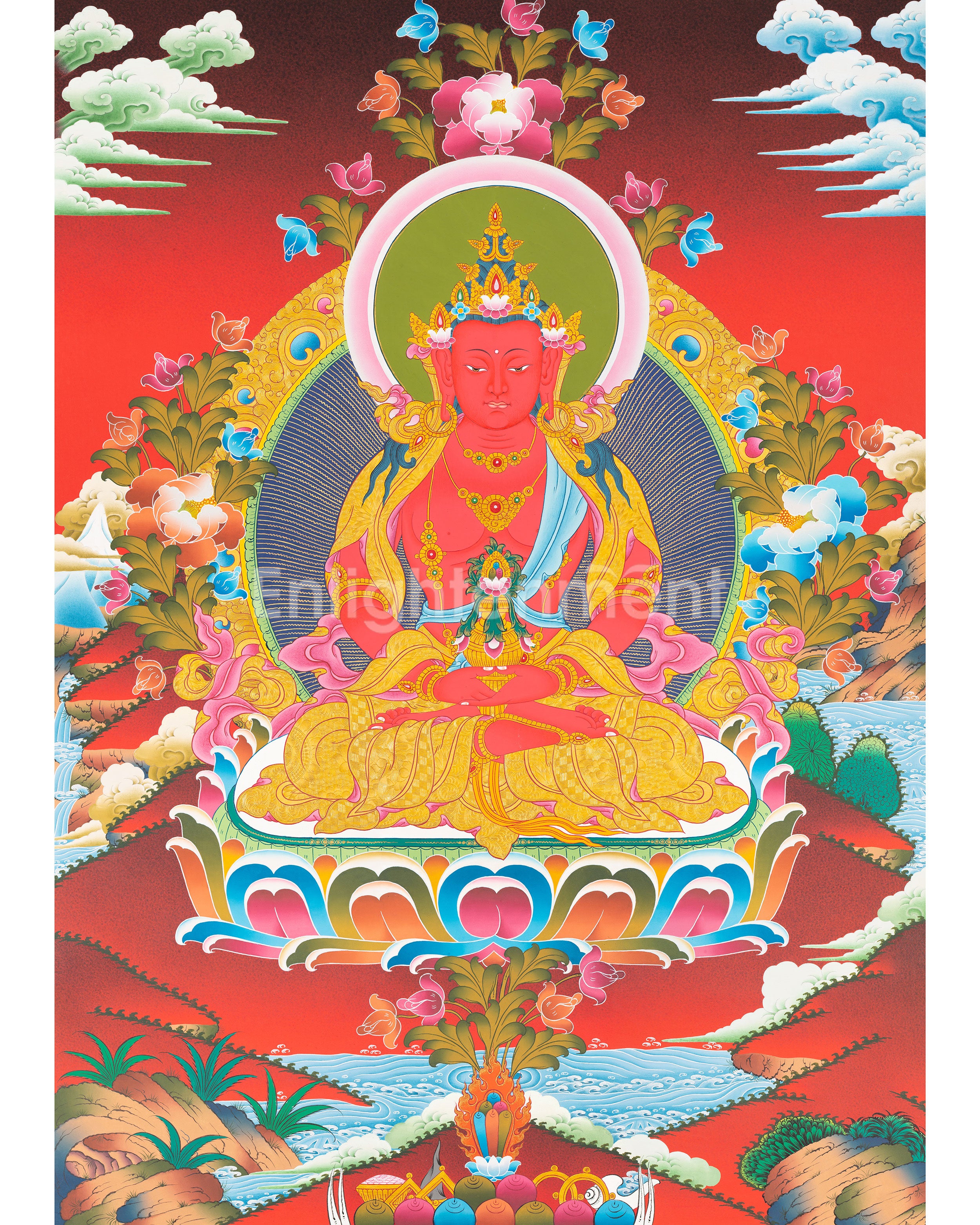 Hand-Painted Amitayus Buddha Thangka | Buddha of Longevity in Red Background