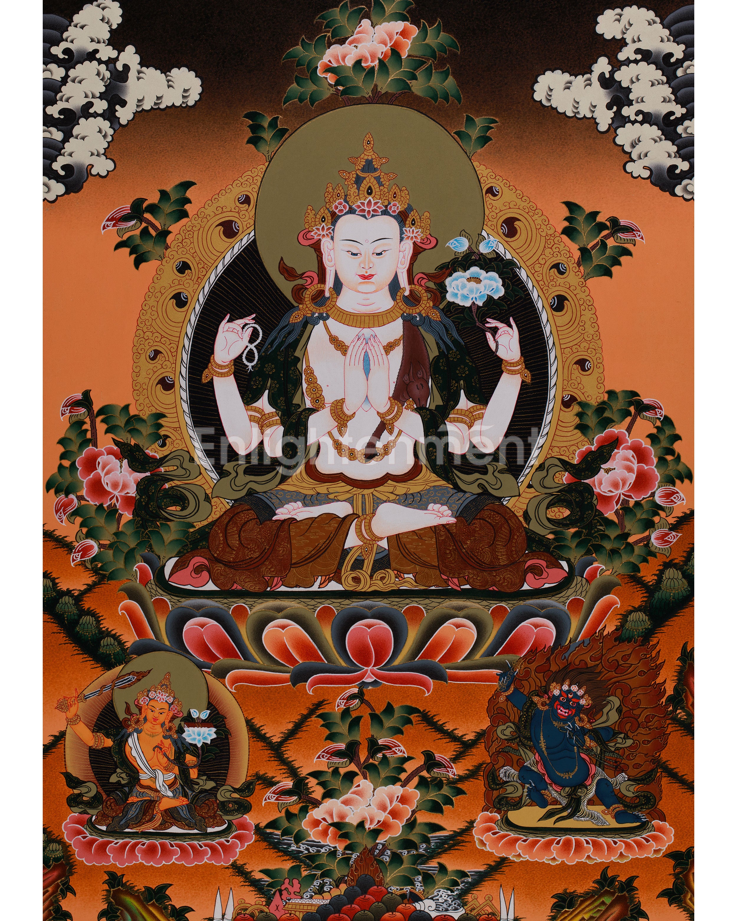 Four Armed Chenrezig with Manjushri and Vajrapani | Tibetan Bodhisattva Art