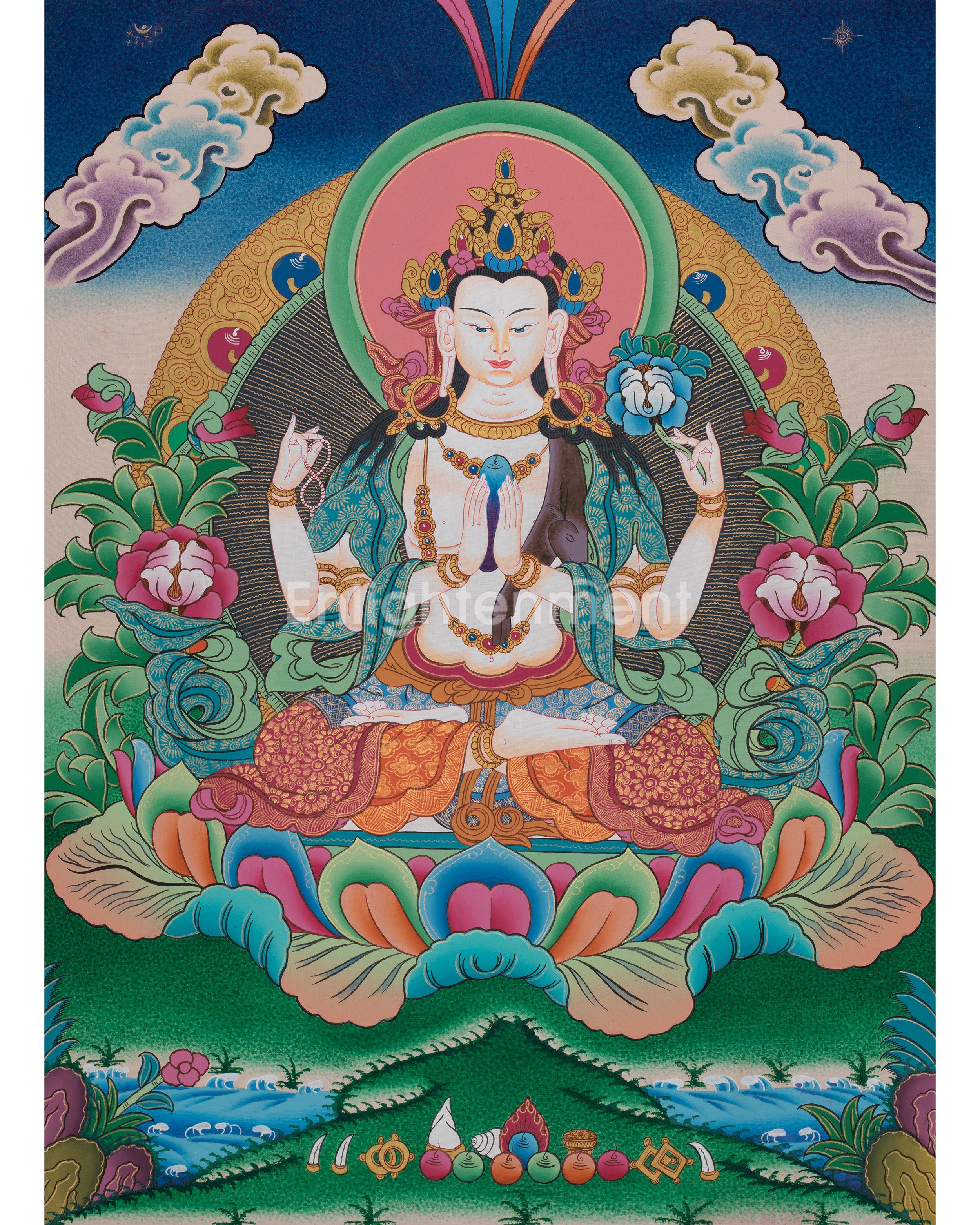 Four Armed Chengrezig Thangka | Original Hand-Painted Bodhisattva Artwork