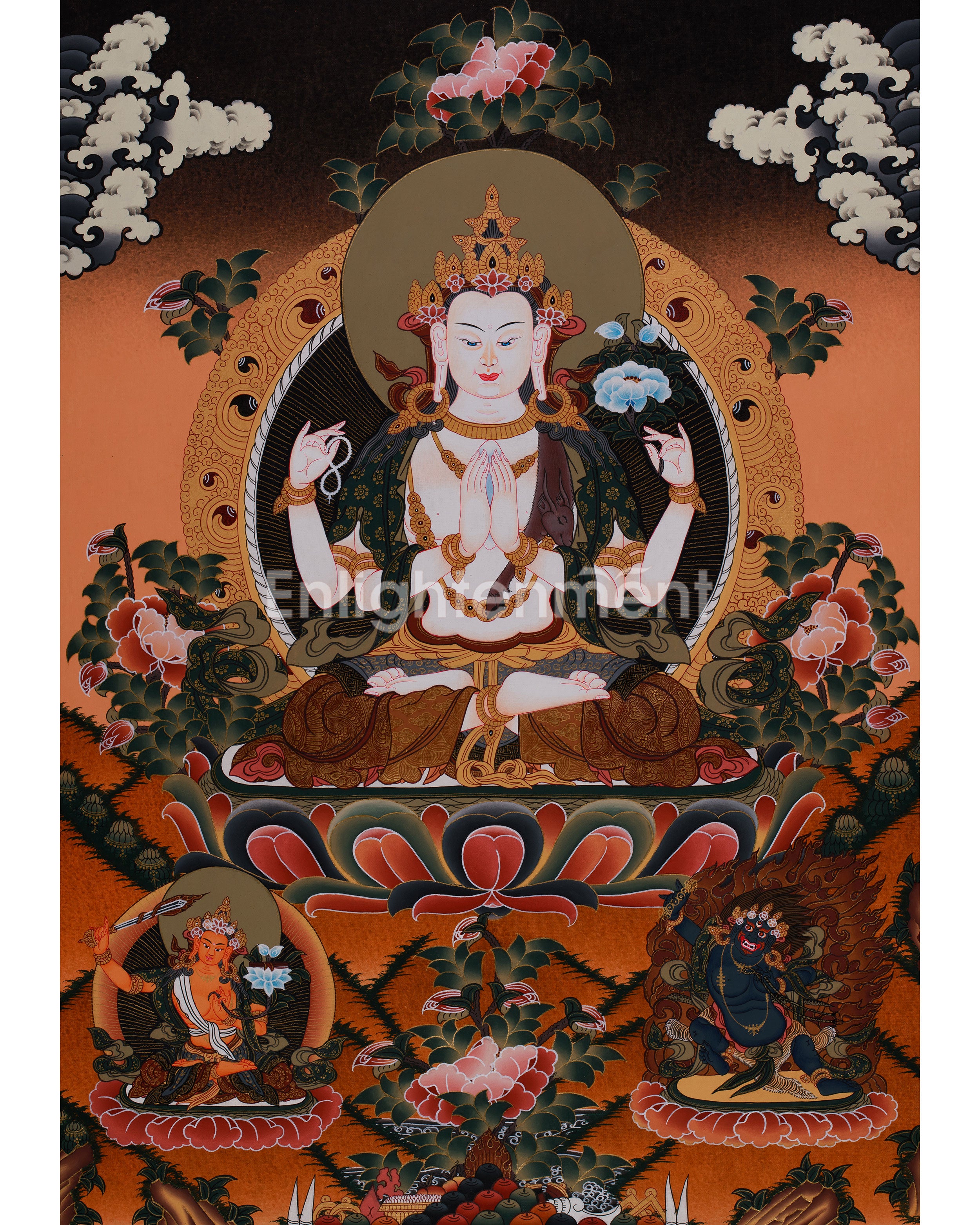 Four Armed Chenrezig with Manjushri and Vajrapani | Tibetan Bodhisattva Art