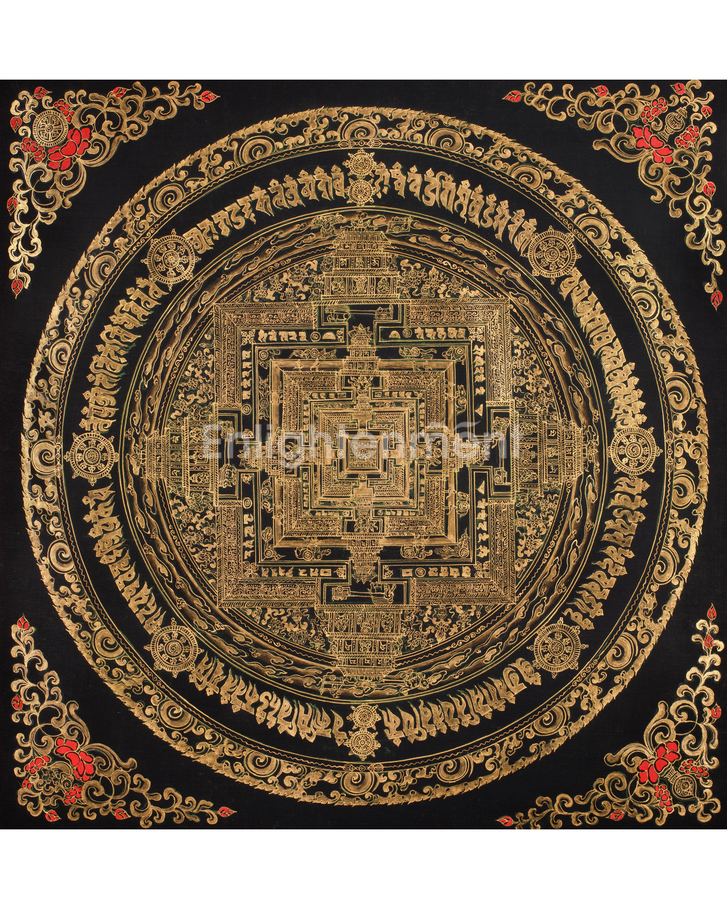 Hand-Painted Gold and Black Kalachakra Mandala | Sacred Wheel of Time Painting