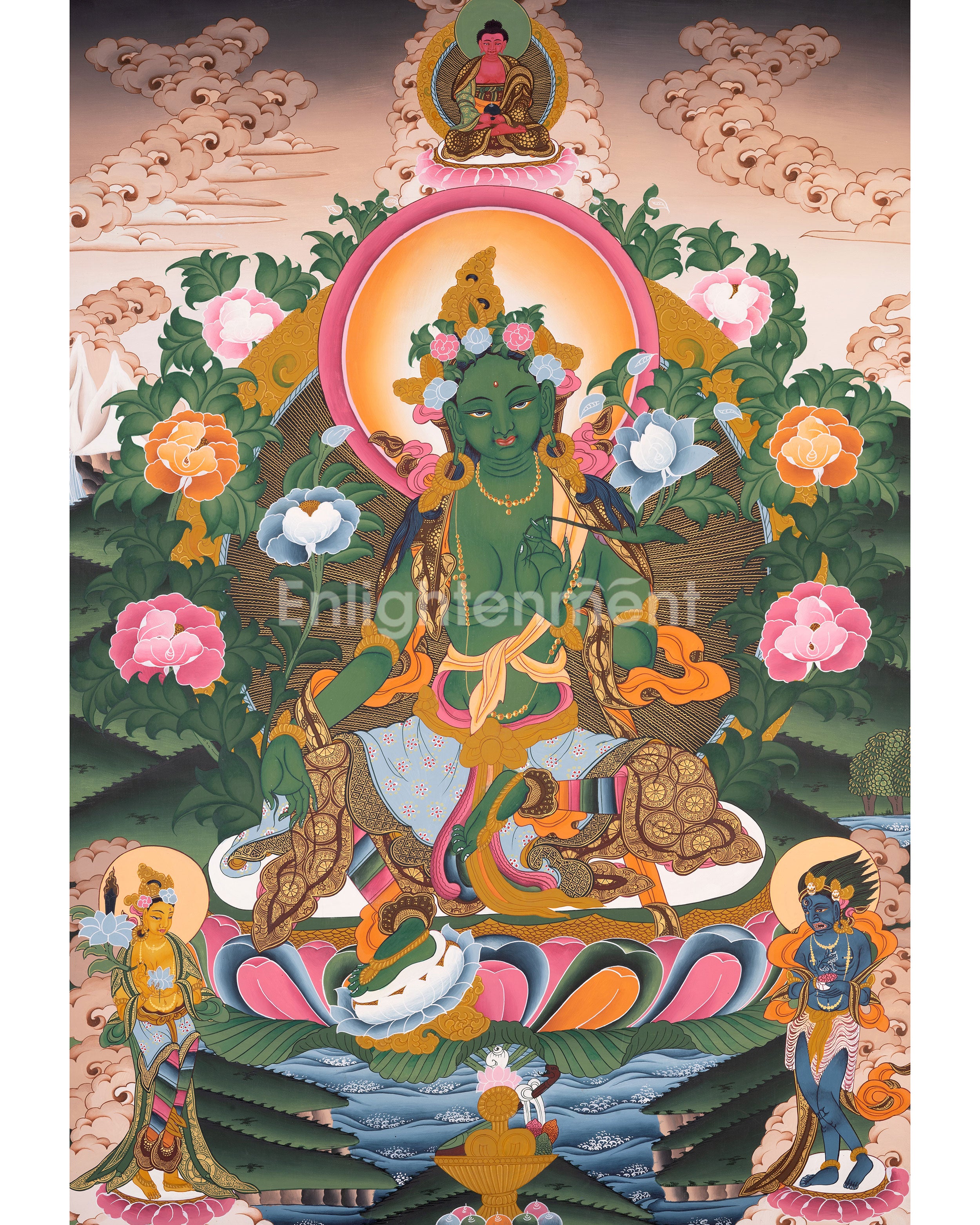 Amitabha Buddha And Green Tara Thangka | Pure Land Enlightenment & Compassionate Protection