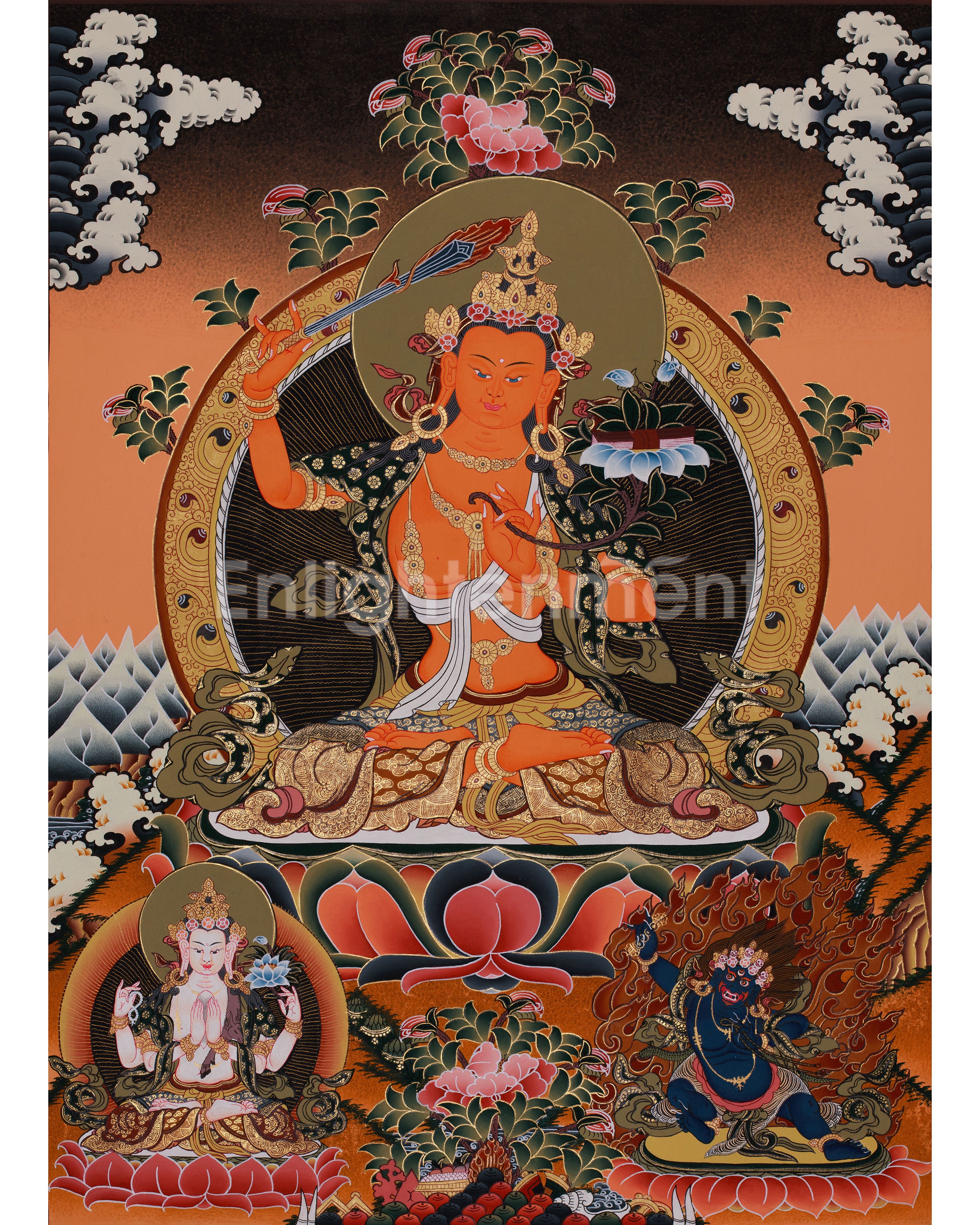 Manjushri with Flaming Sword Thangka | Bodhisattva of Wisdom
