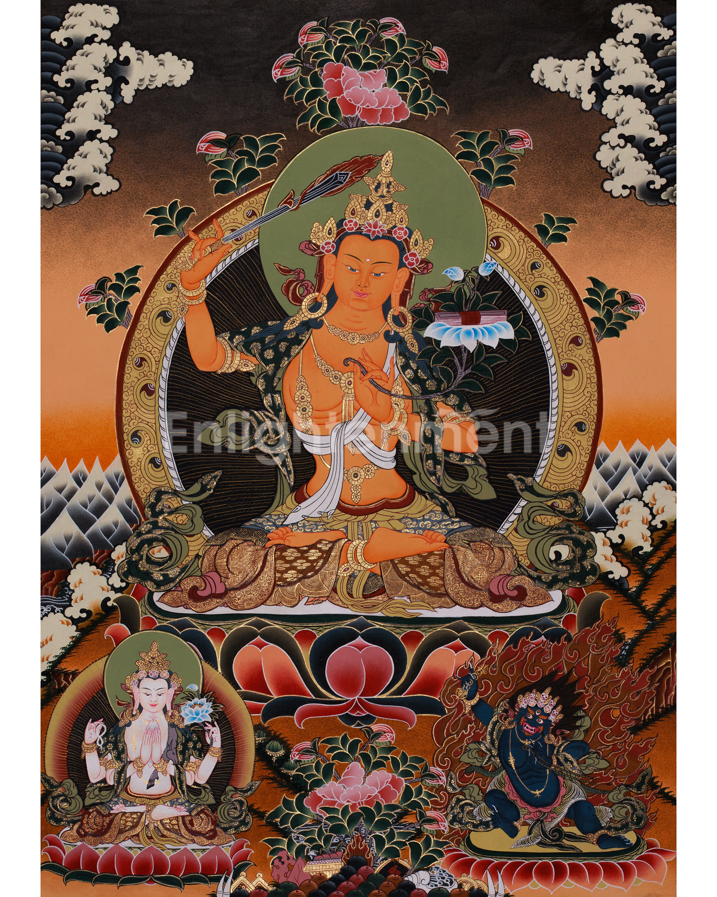 Manjushri with Flaming Sword Thangka | Bodhisattva of Wisdom