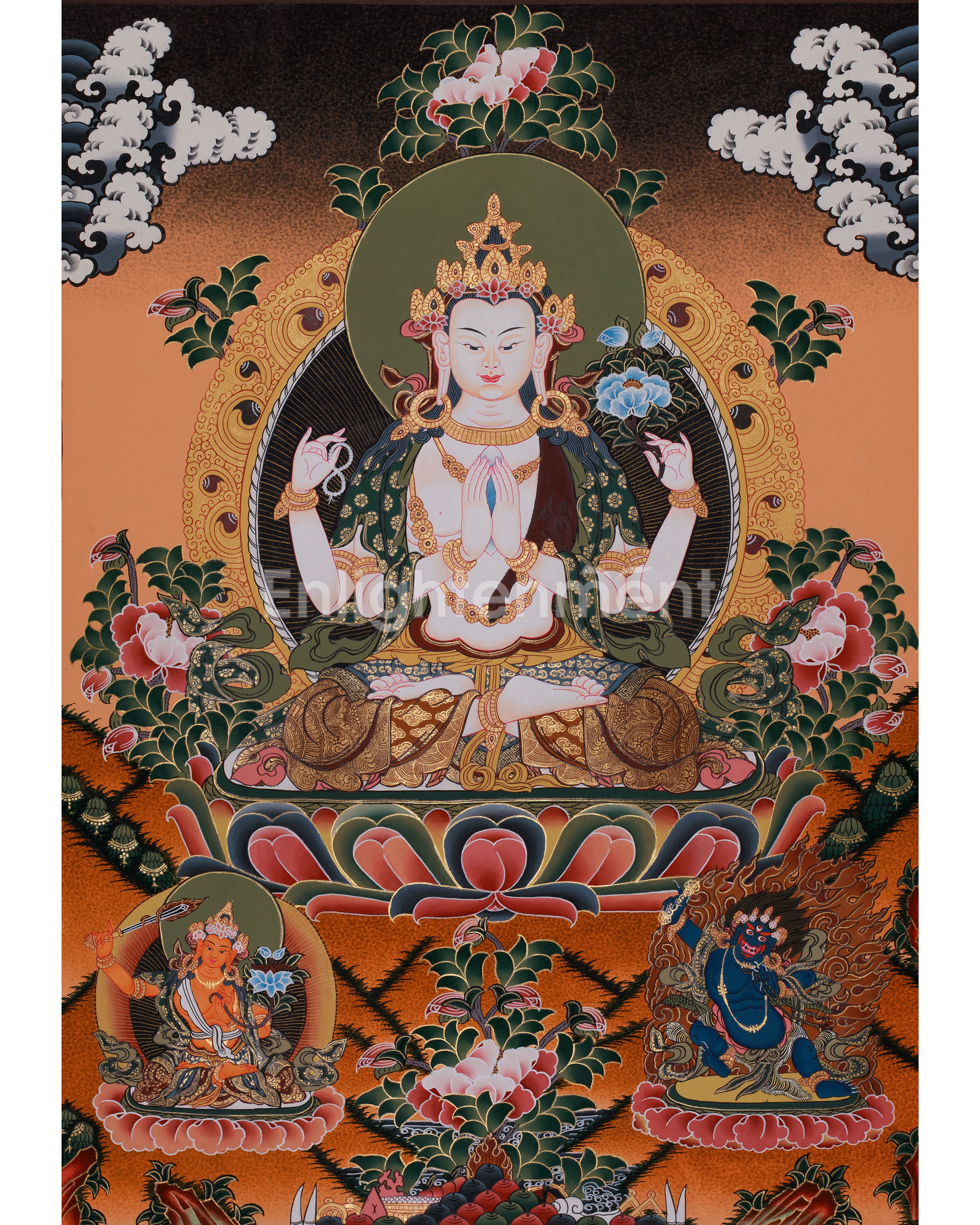 Four Armed Chenrezig with Manjushri and Vajrapani | Tibetan Bodhisattva Art