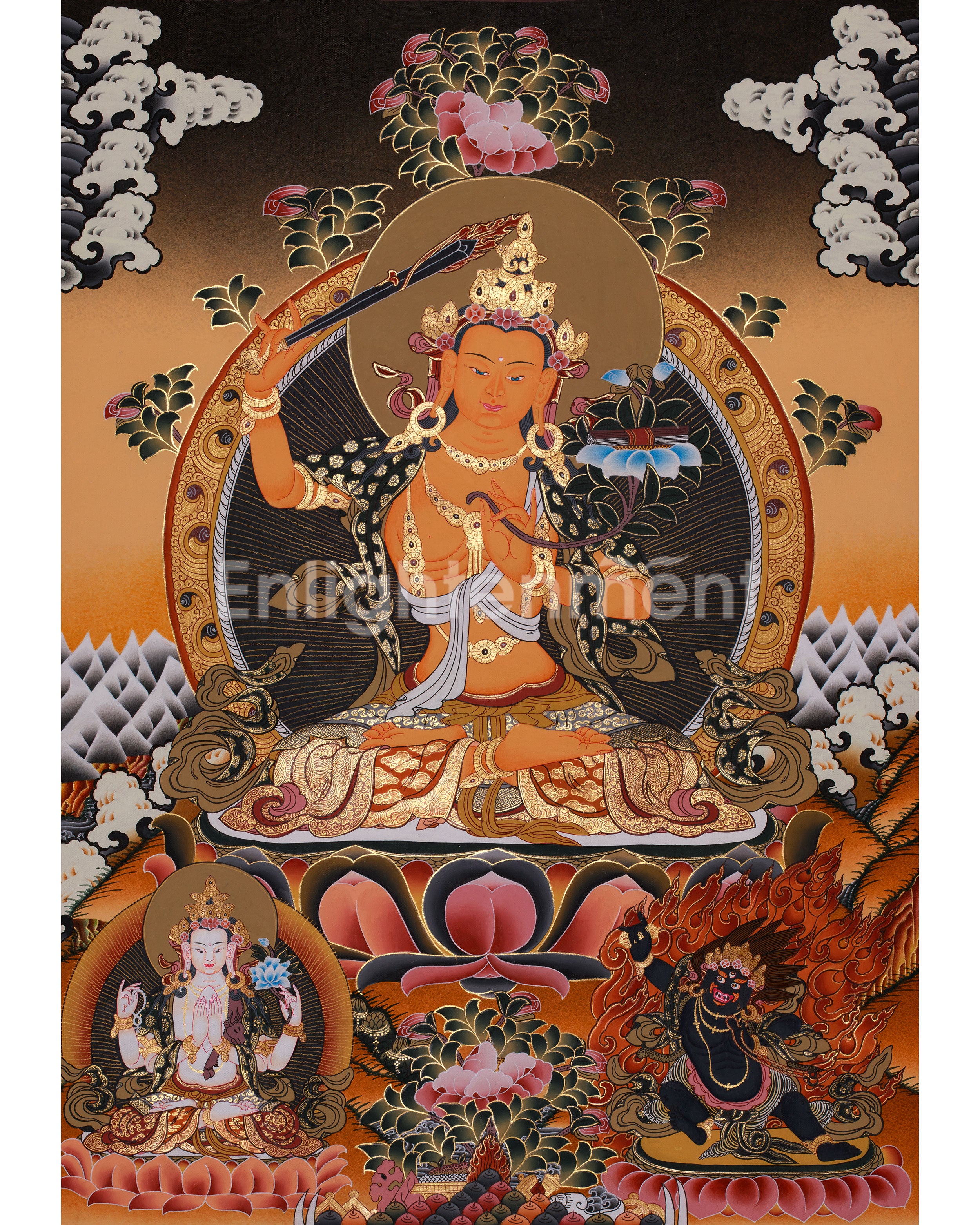 Manjushri with Flaming Sword Thangka | Bodhisattva of Wisdom