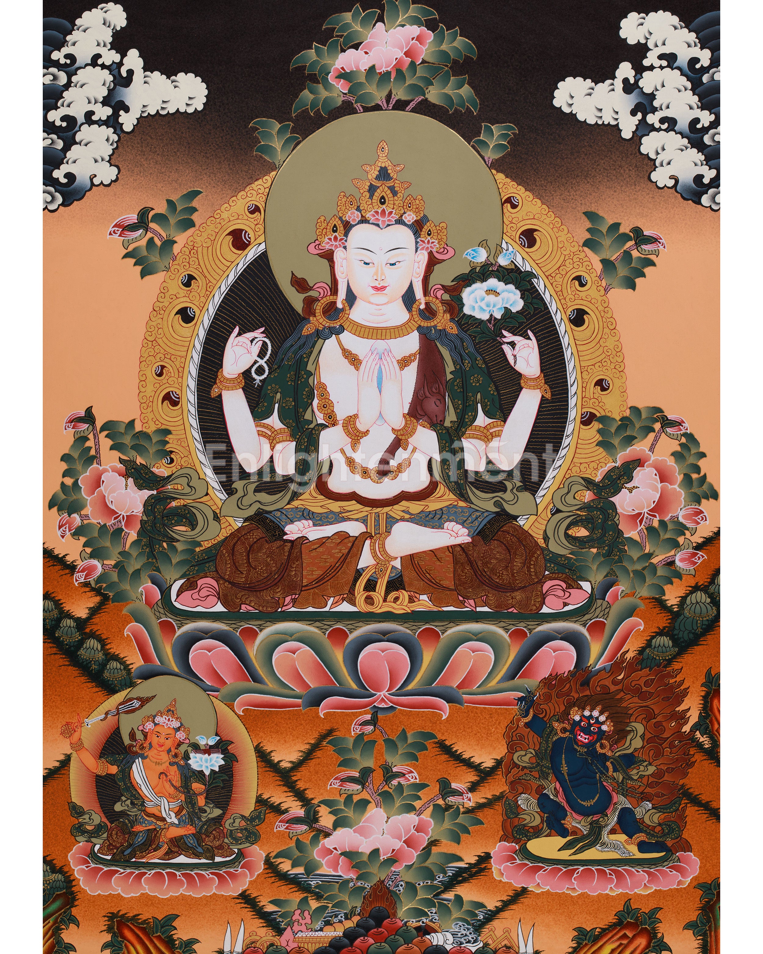 Four Armed Chenrezig with Manjushri and Vajrapani | Tibetan Bodhisattva Art