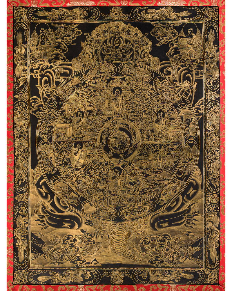 Wheel of Life (Bhavacakra) | Gold Embellished Thangka on Canvas | Brocade Mounted