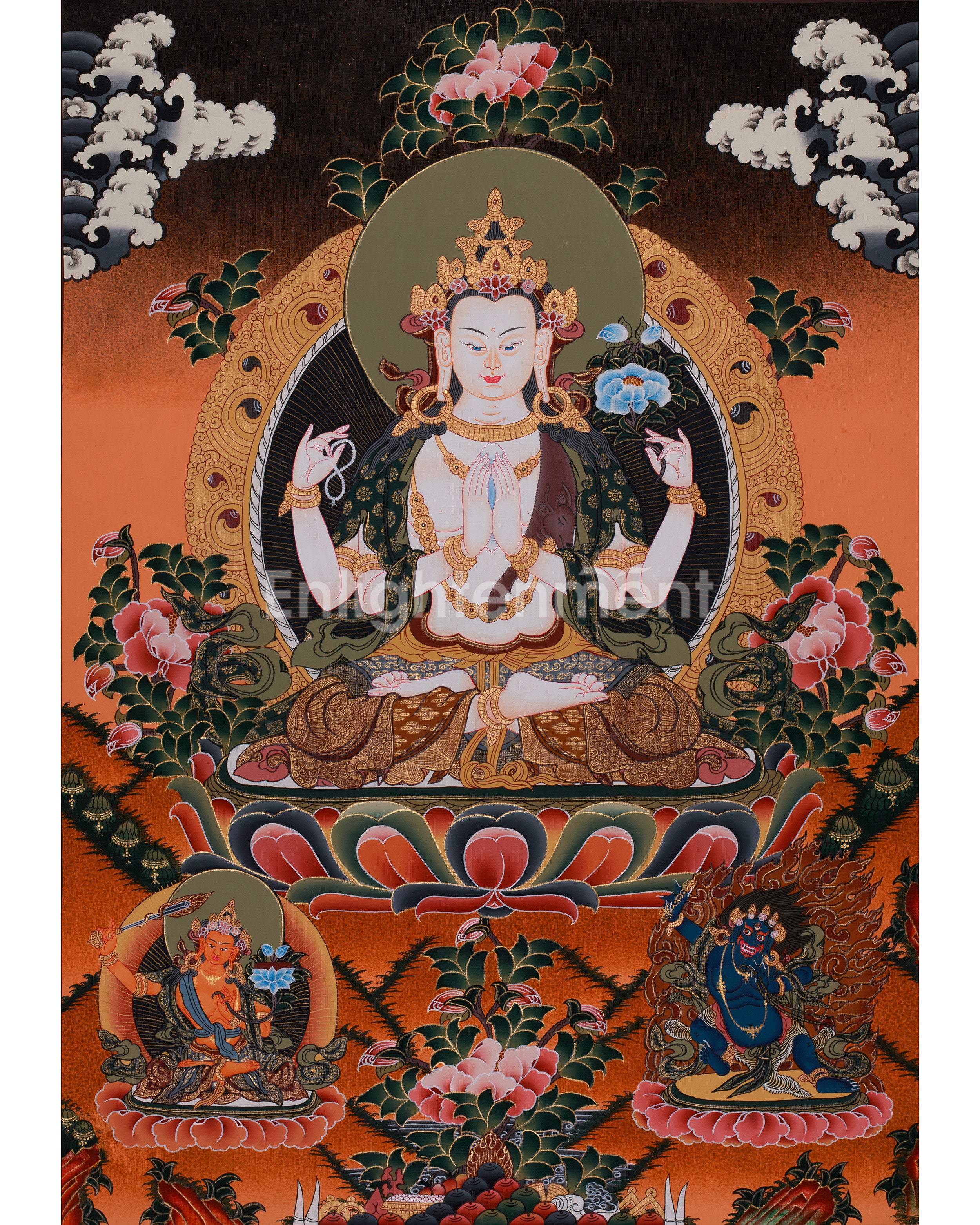 Four Armed Chenrezig with Manjushri and Vajrapani | Tibetan Bodhisattva Art