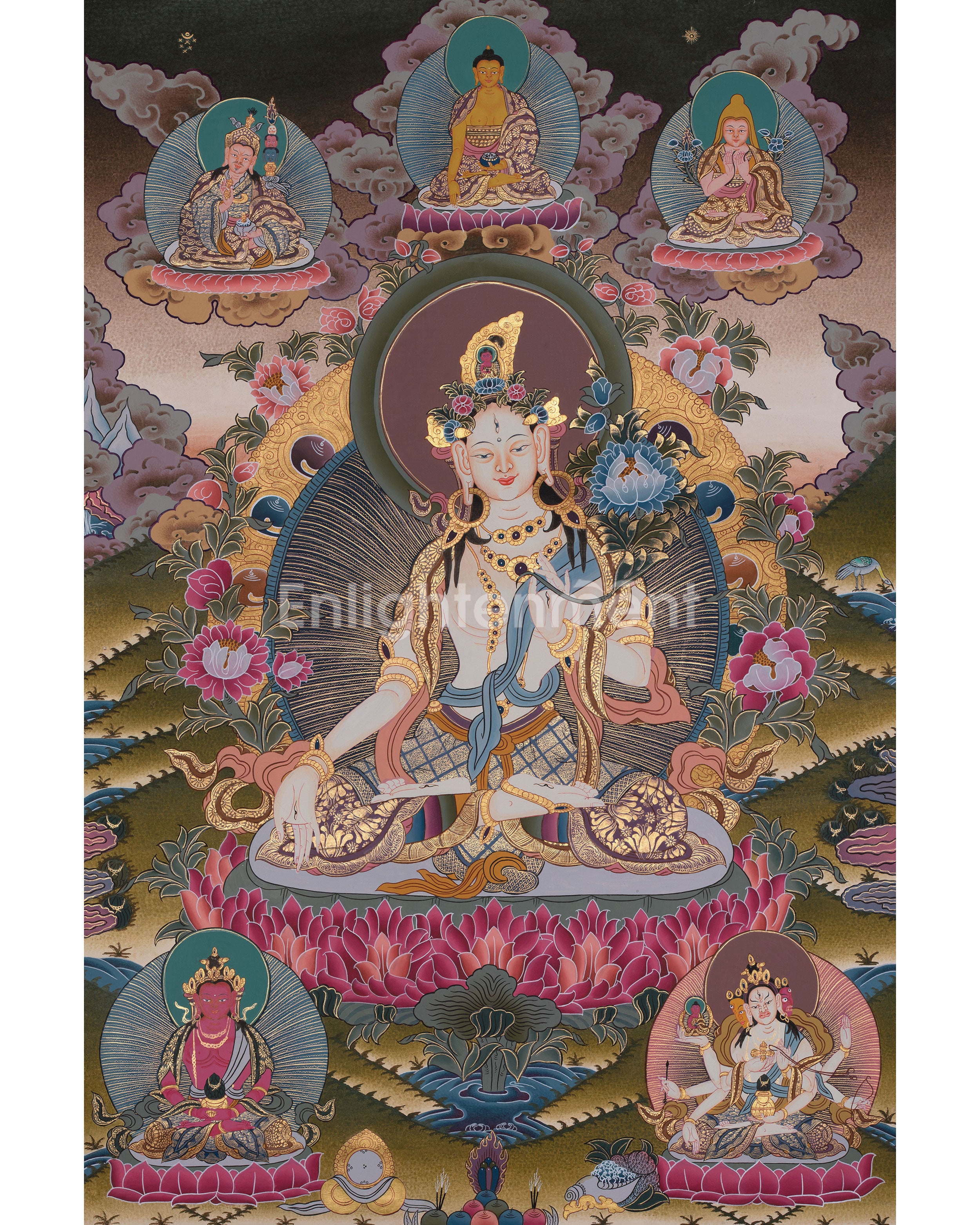 Original Hand-Painted White Tara With Other Bodhisattvas | Protector of Life, Love, and Liberation