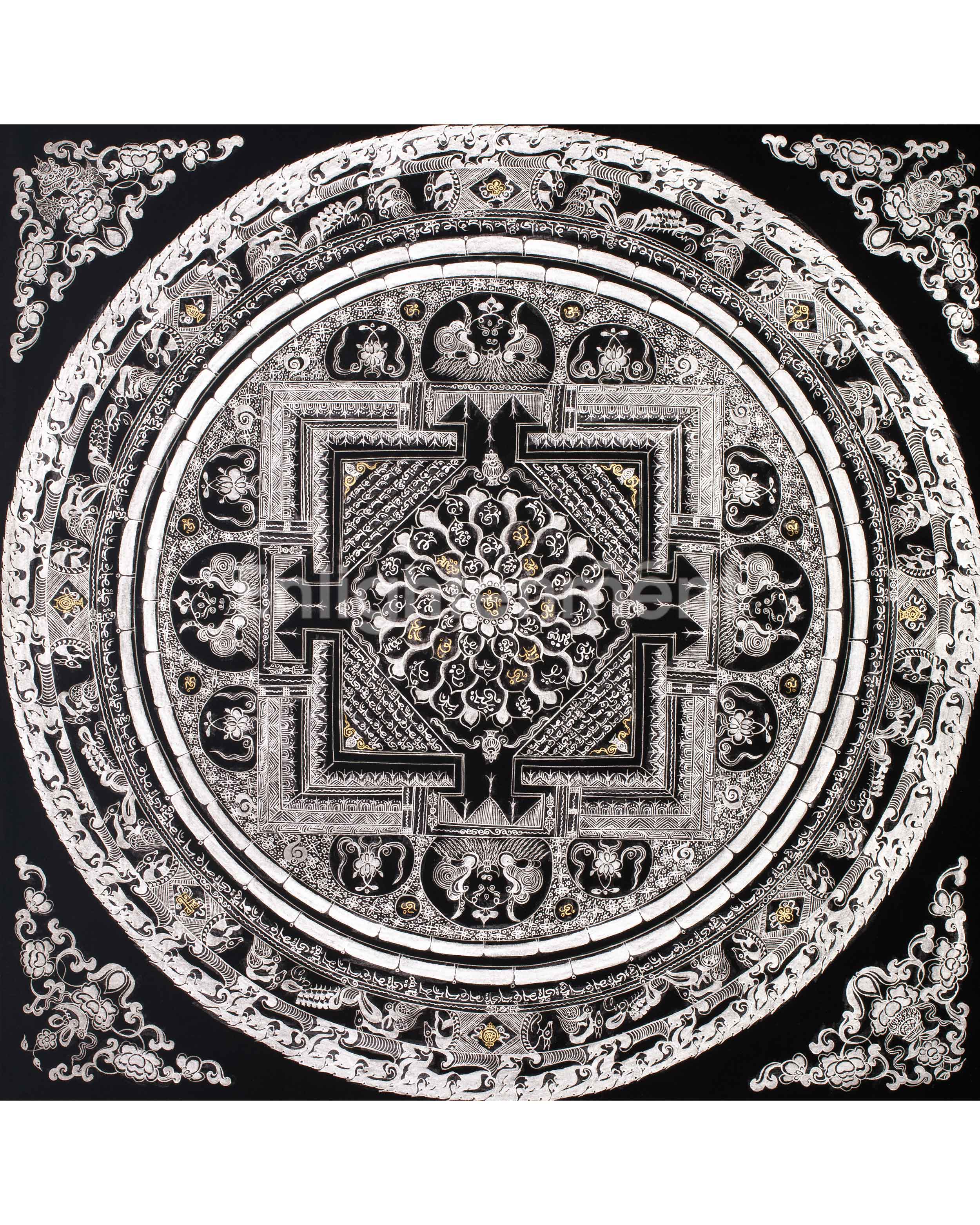 Silver Mantra Mandala Painting | Hand-Painted Mandala for Meditation