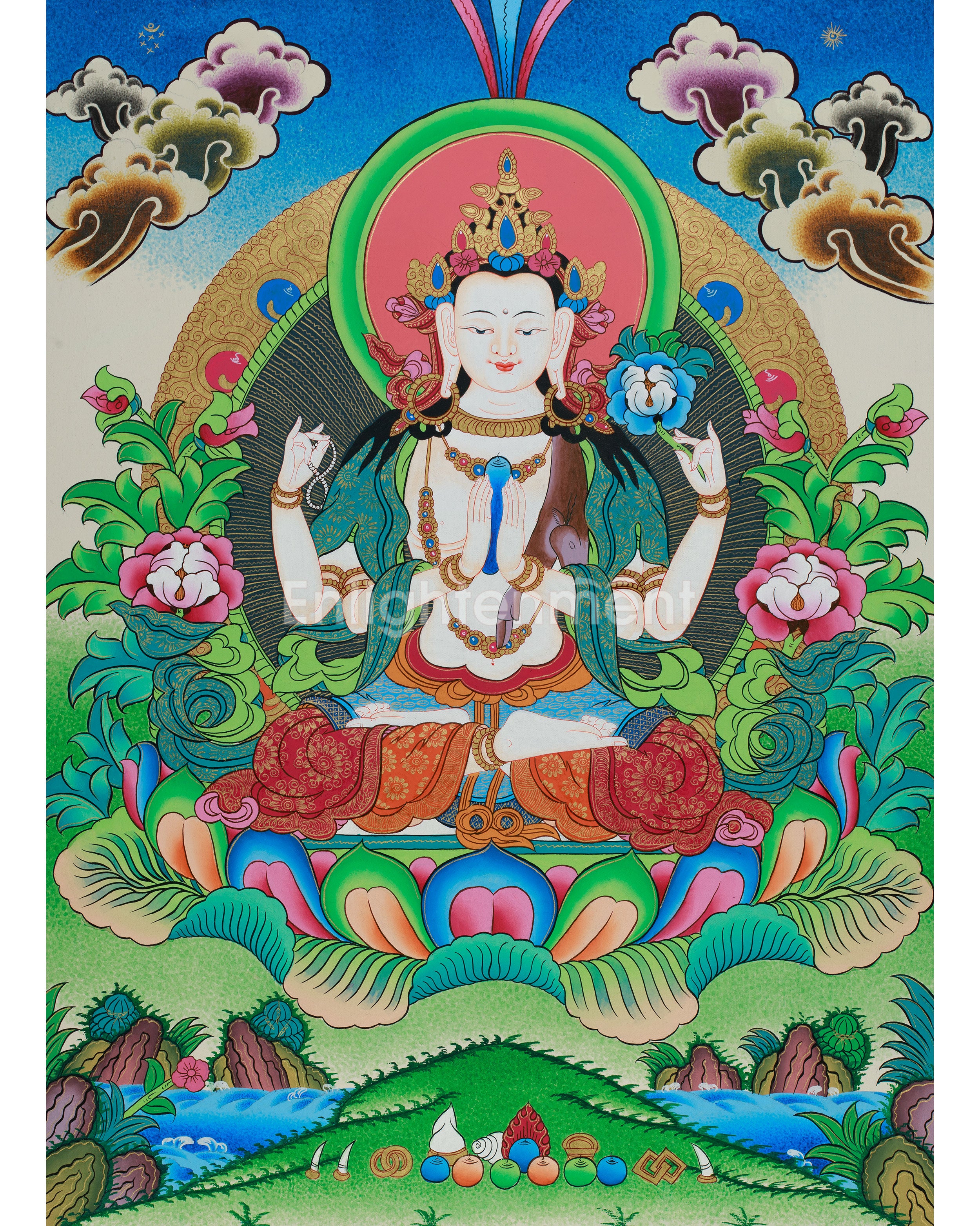 Four Armed Chengrezig Thangka | Original Hand-Painted Bodhisattva Artwork