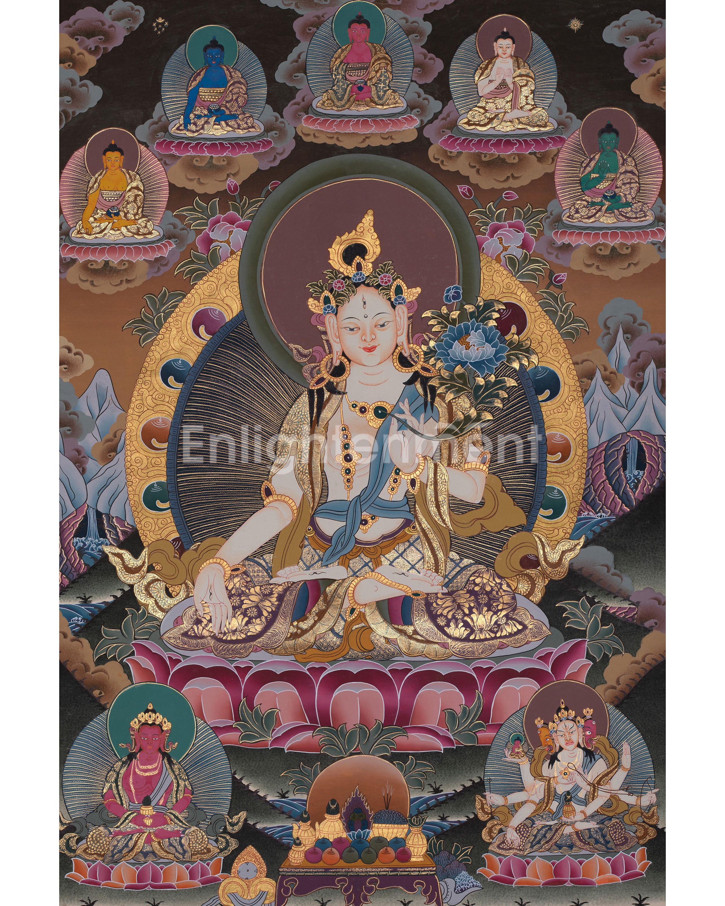 Original Hand-Painted White Tara With Other Bodhisattvas | Protector of Life, Love, and Liberation