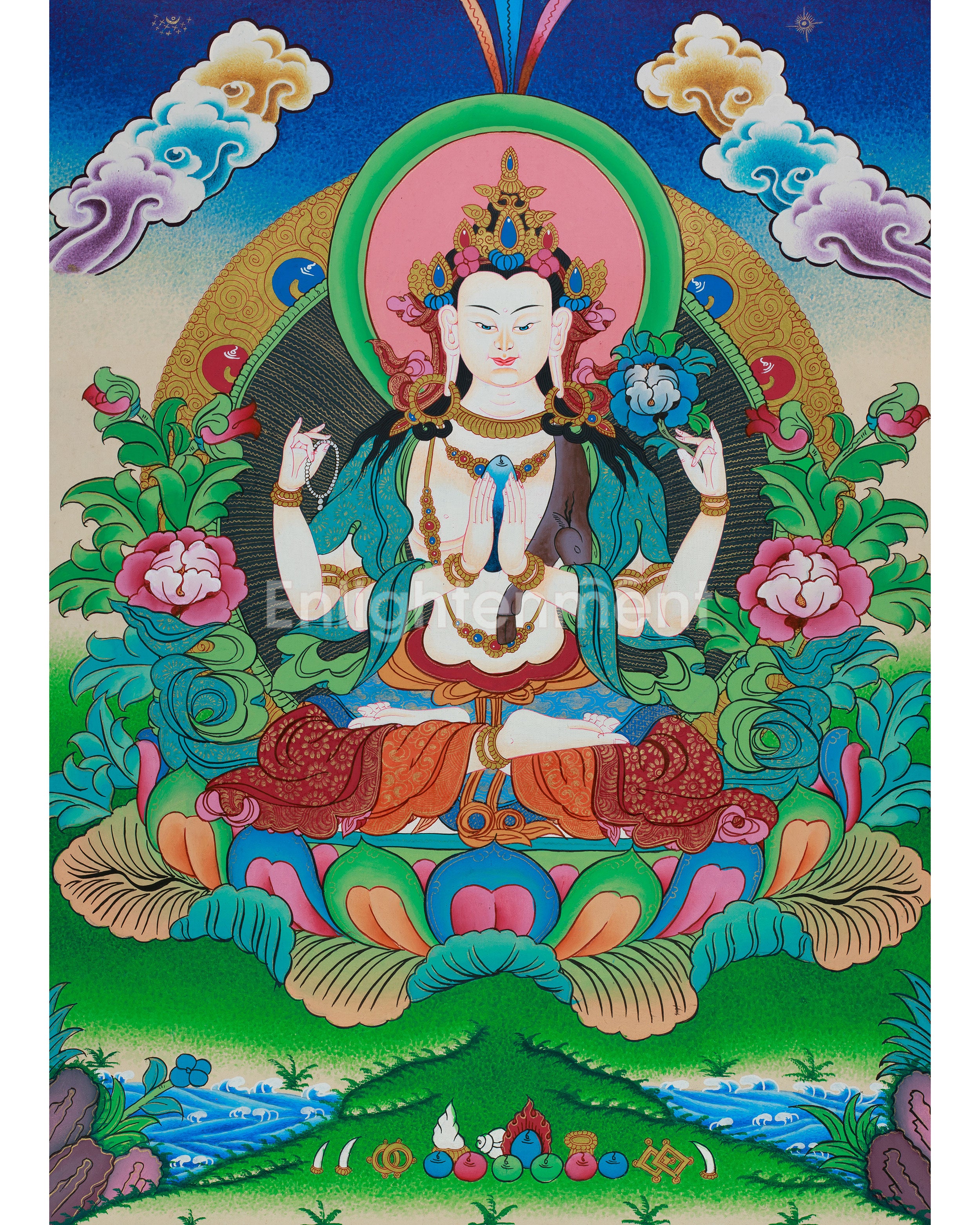 Four Armed Chengrezig Thangka | Original Hand-Painted Bodhisattva Artwork
