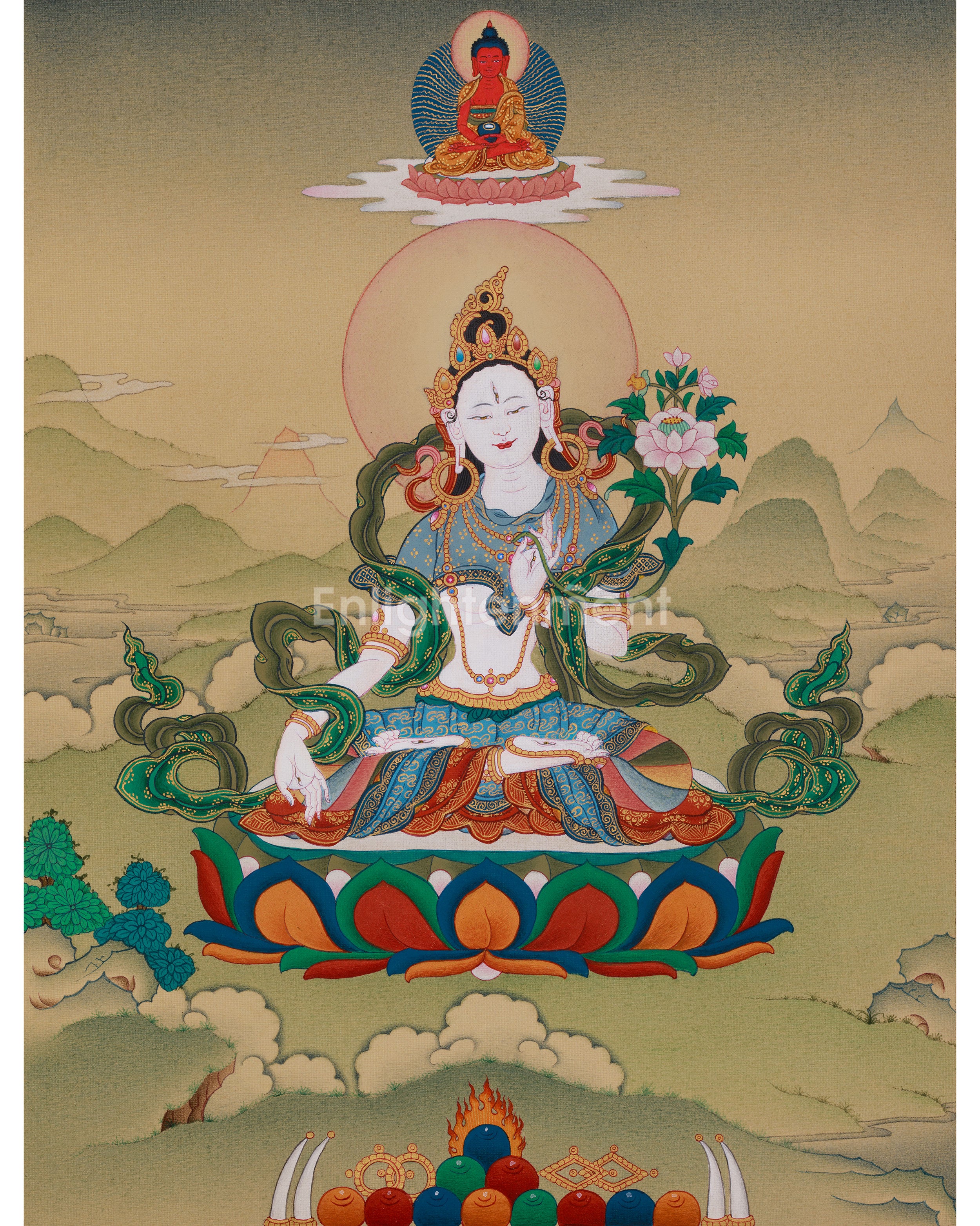 Sacred White Tara with Amitabha Buddha Thangka