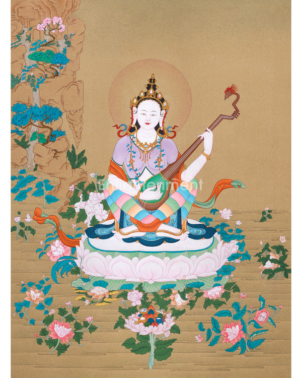 Devi Saraswati Thangka | Hand-Painted Goddess of Wisdom and Arts for Spiritual Inspiration