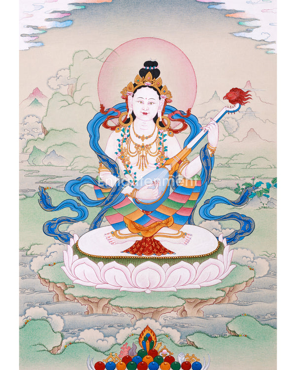 Saraswati Divine Grace Thangka | Hand-painted Goddess Art