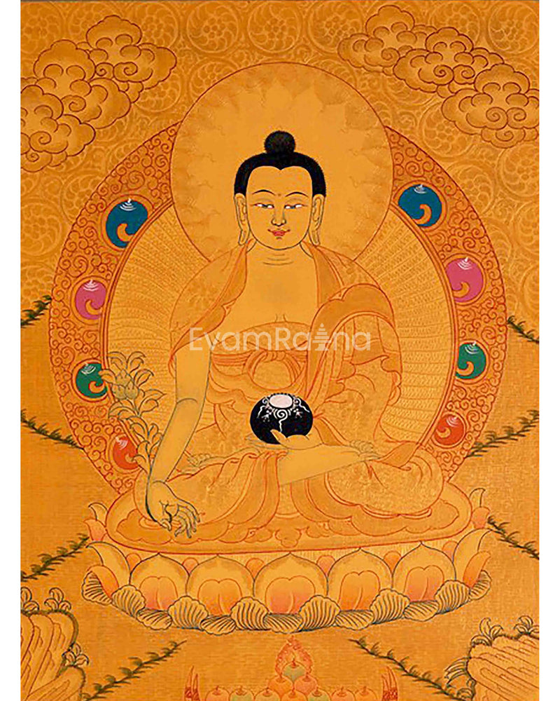 24k Gold Style Original Tibetan Buddhist Painting Of Shakyamuni Buddha, Amitayus Buddha, and Green Tara Thangka | Yoga Meditation Canvas Art