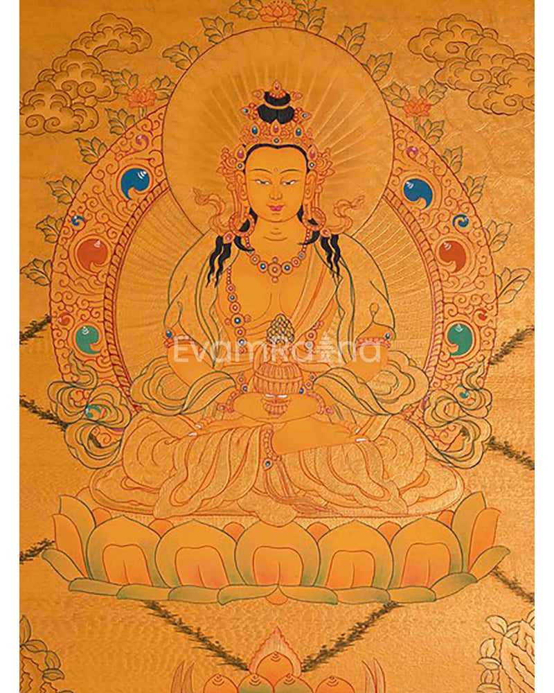 24k Gold Style Original Tibetan Buddhist Painting Of Shakyamuni Buddha, Amitayus Buddha, and Green Tara Thangka | Yoga Meditation Canvas Art