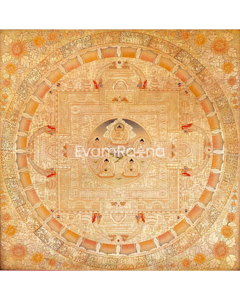 Shakyamuni Buddha And 5 Dhyani Buddha Mandala Thangka | Wall Hanging Yoga Meditation Canvas Art | Fine Quality All Gold Style Painting