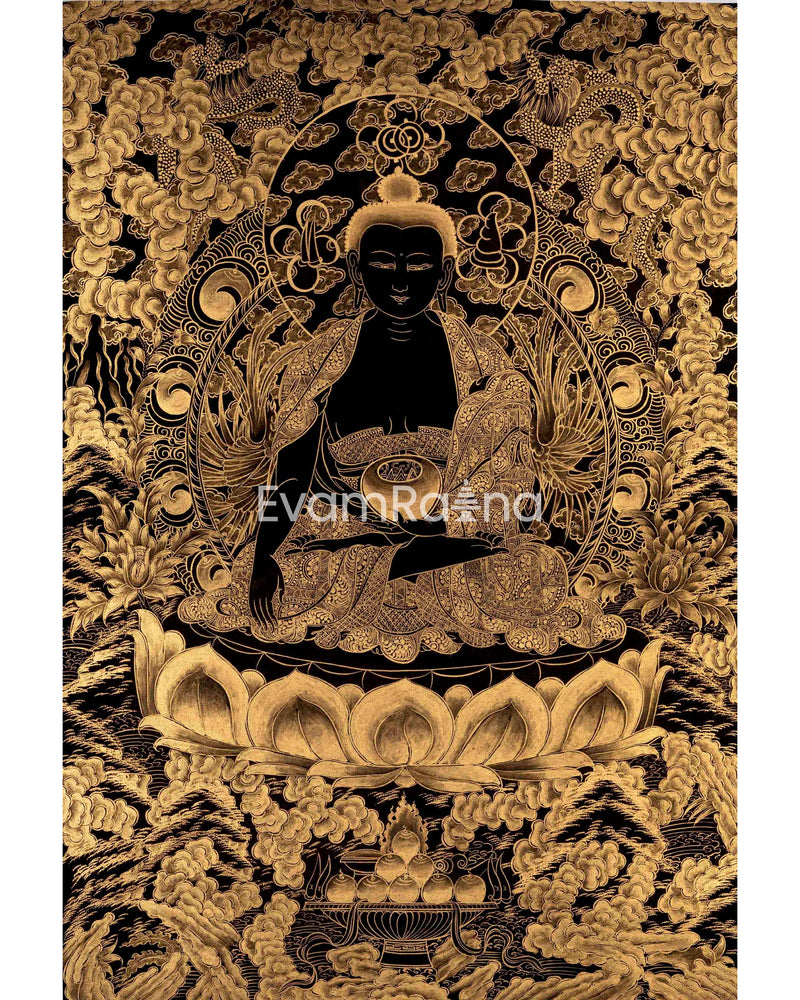 Black and Gold Shakyamuni Buddha & Bodhisattvas Thangka | Wall Decor Gifts