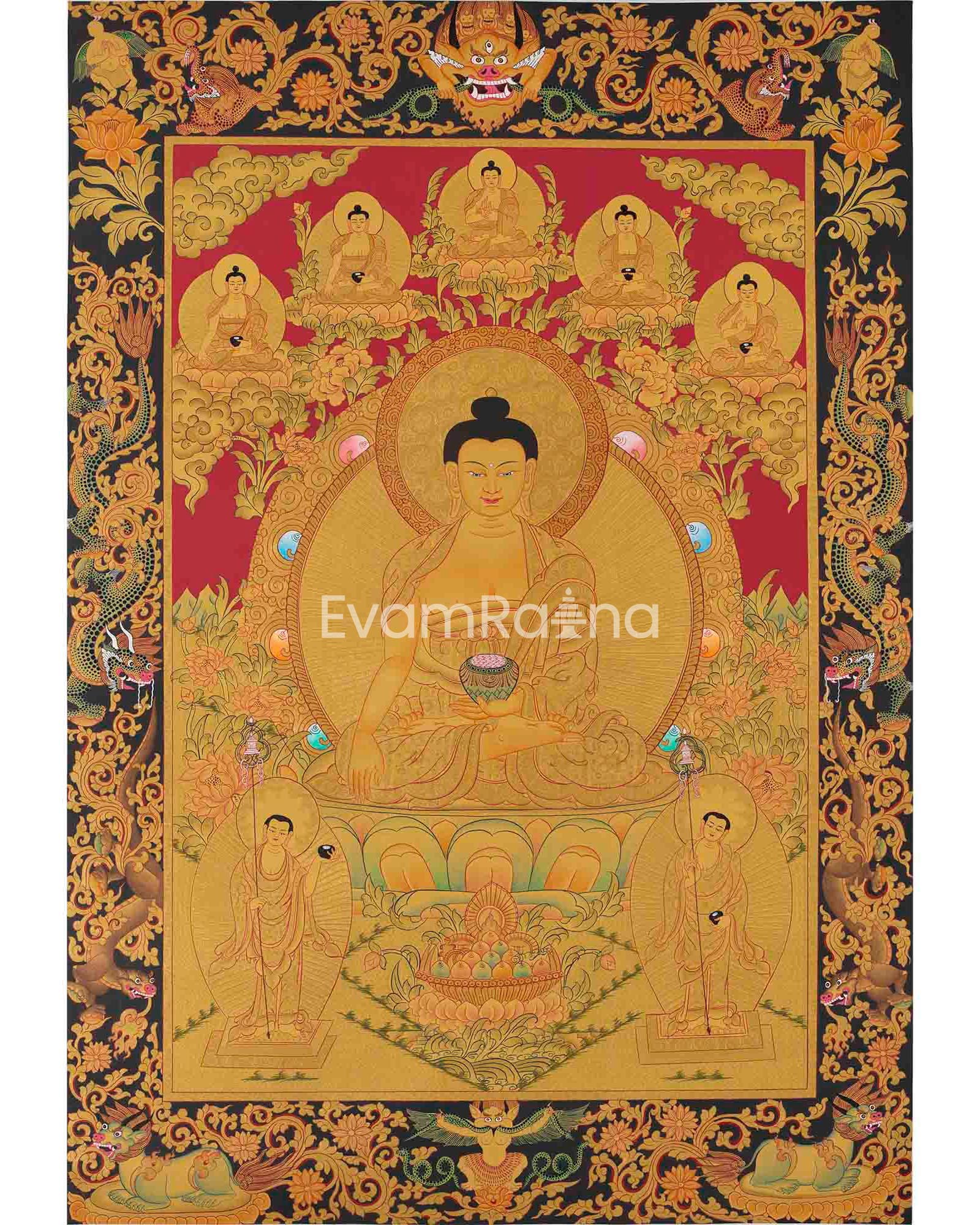 Full 24K Gold Style Shakyamuni Buddha Thangka | Wall Hanging Yoga Meditation Art