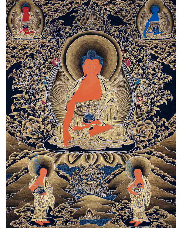 Shakyamuni Buddha With Amitabha and Medicine Buddha | Traditional Thangka Painting