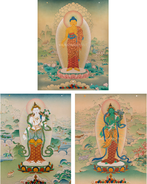 Trinity of Enlightenment: Shakyamuni Buddha, Green Tara, Avalokiteshvara |  Exclusive Karma Gadri Art Prints