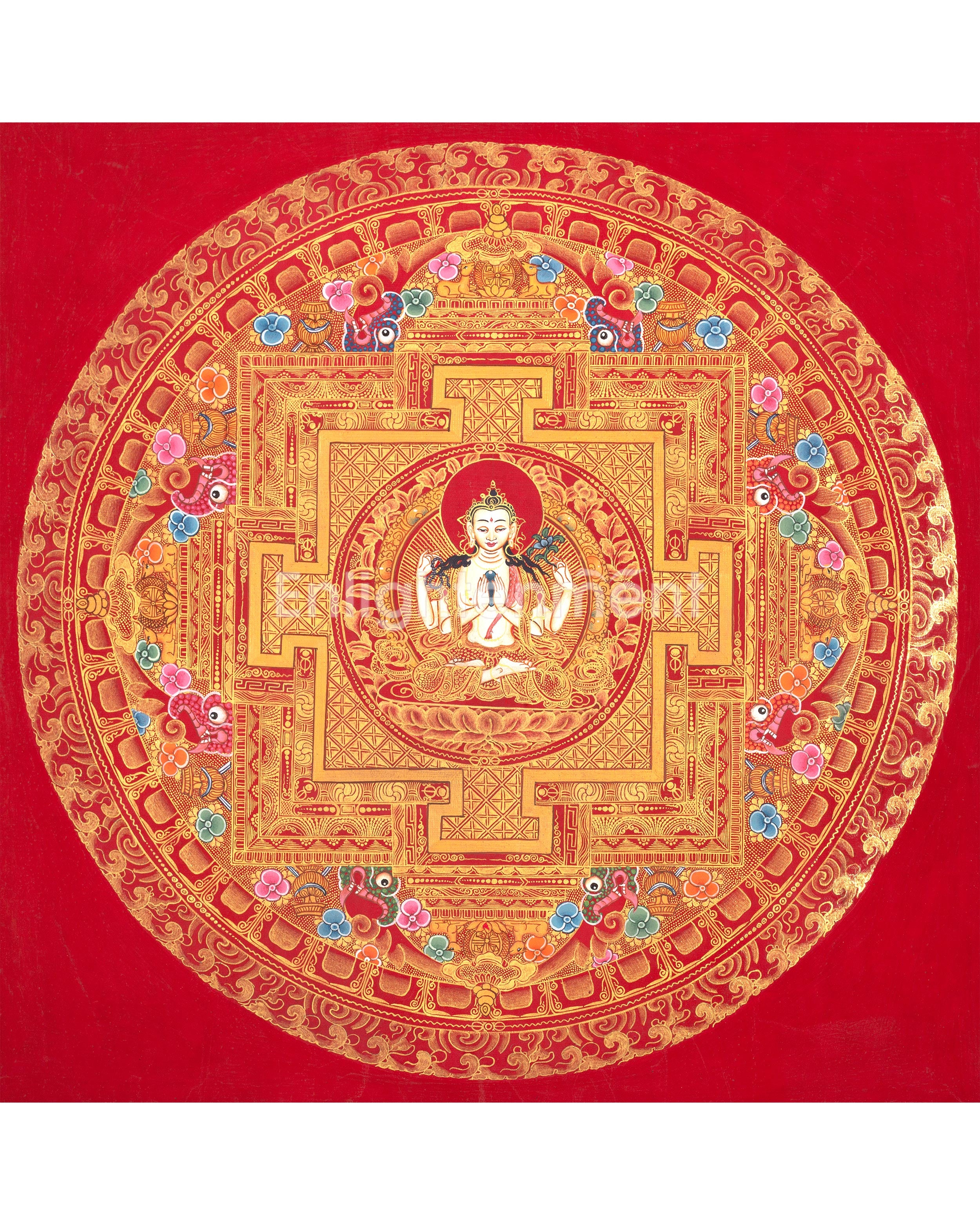 Chenresig Mandala | Buddha of Compassion | Red and Gold Thangka