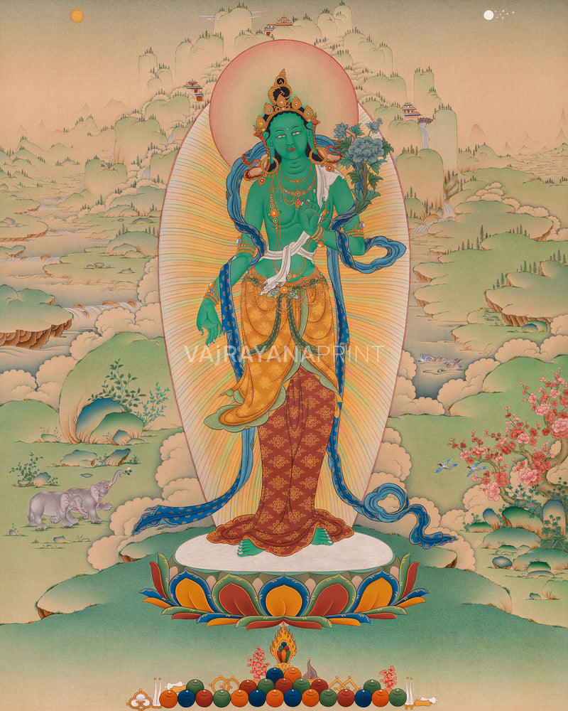 Trinity of Enlightenment: Shakyamuni Buddha, Green Tara, Avalokiteshvara |  Exclusive Karma Gadri Art Prints