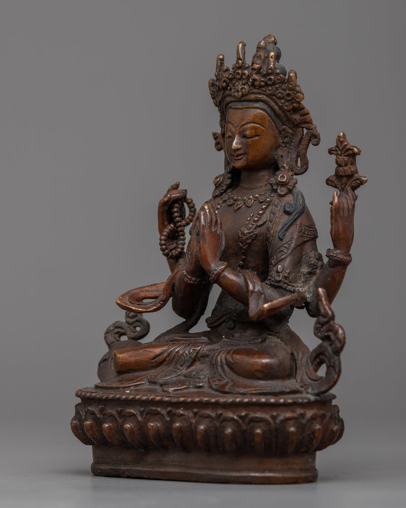 Copper Oxidized Chenresig Statue | Serene Representation of Compassion and Mercy